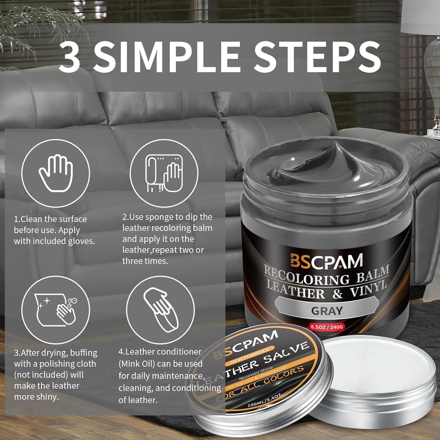Gray Leather Recoloring Balm with 100ml Mink Oil,Leather Couch Scratch Remover,Leather Repair kit for Vinyl Furniture and Car Interior,Leather Dye Paint,Mink Oil for Leather