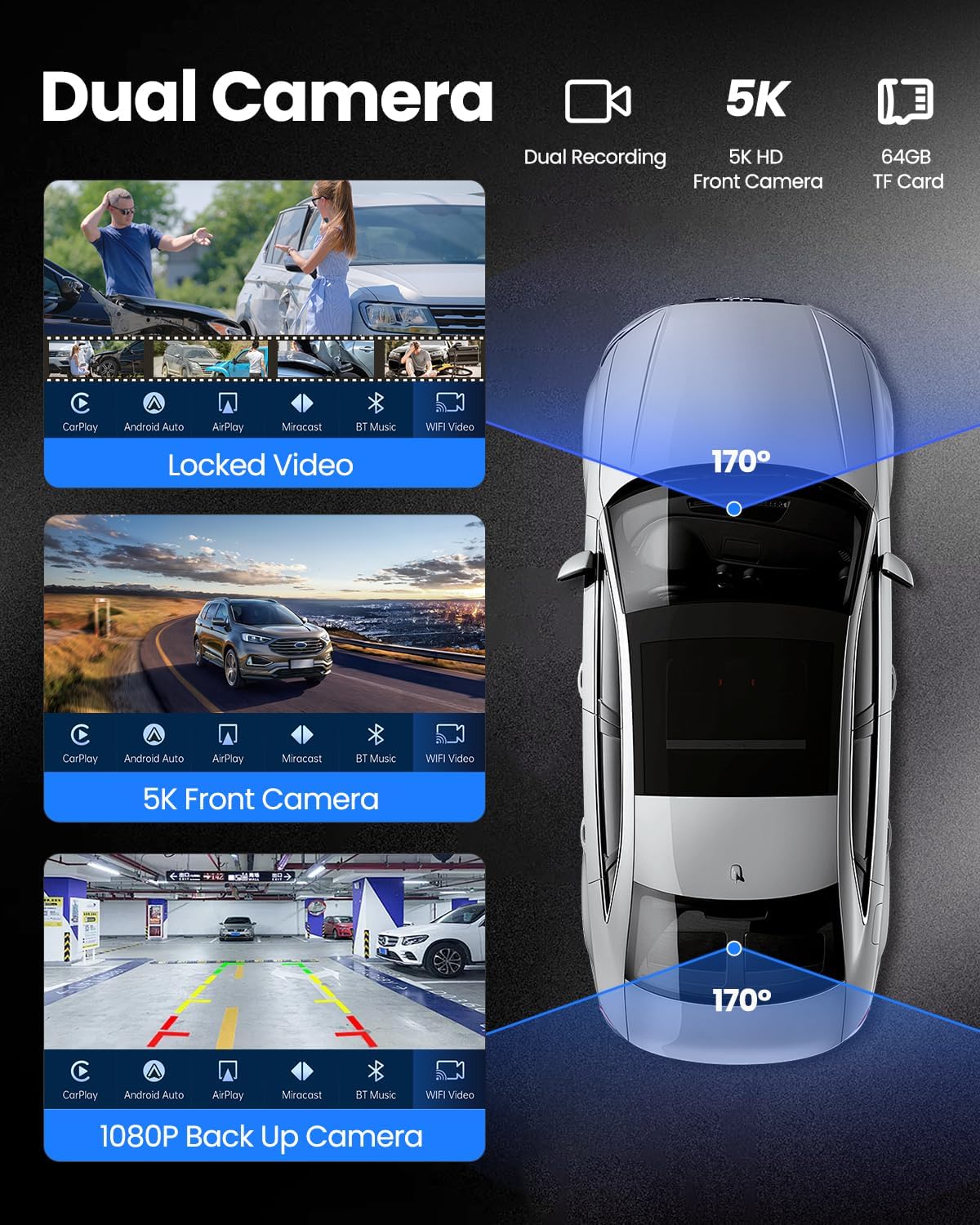 Portable Carplay Screen for Car 5K Dash Cam, 9" Wireless CarPlay & Android Auto Car Stereo, Car Audio Receivers with 1080p Backup Camera, Bluetooth/GPS Navigation/Voice Control/Mirror Link