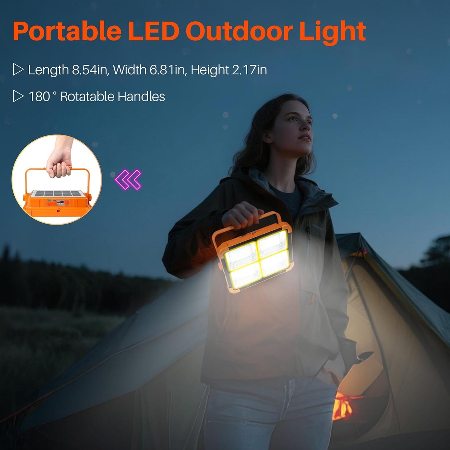 LED Solar Work Light with Magnetic, 5 Lighting Modes, IP66 Waterproof, Long Runtime, Portable Rechargeable Outdoor Working Light for Repair, Job Site, Camping, Emergency, Power Cut