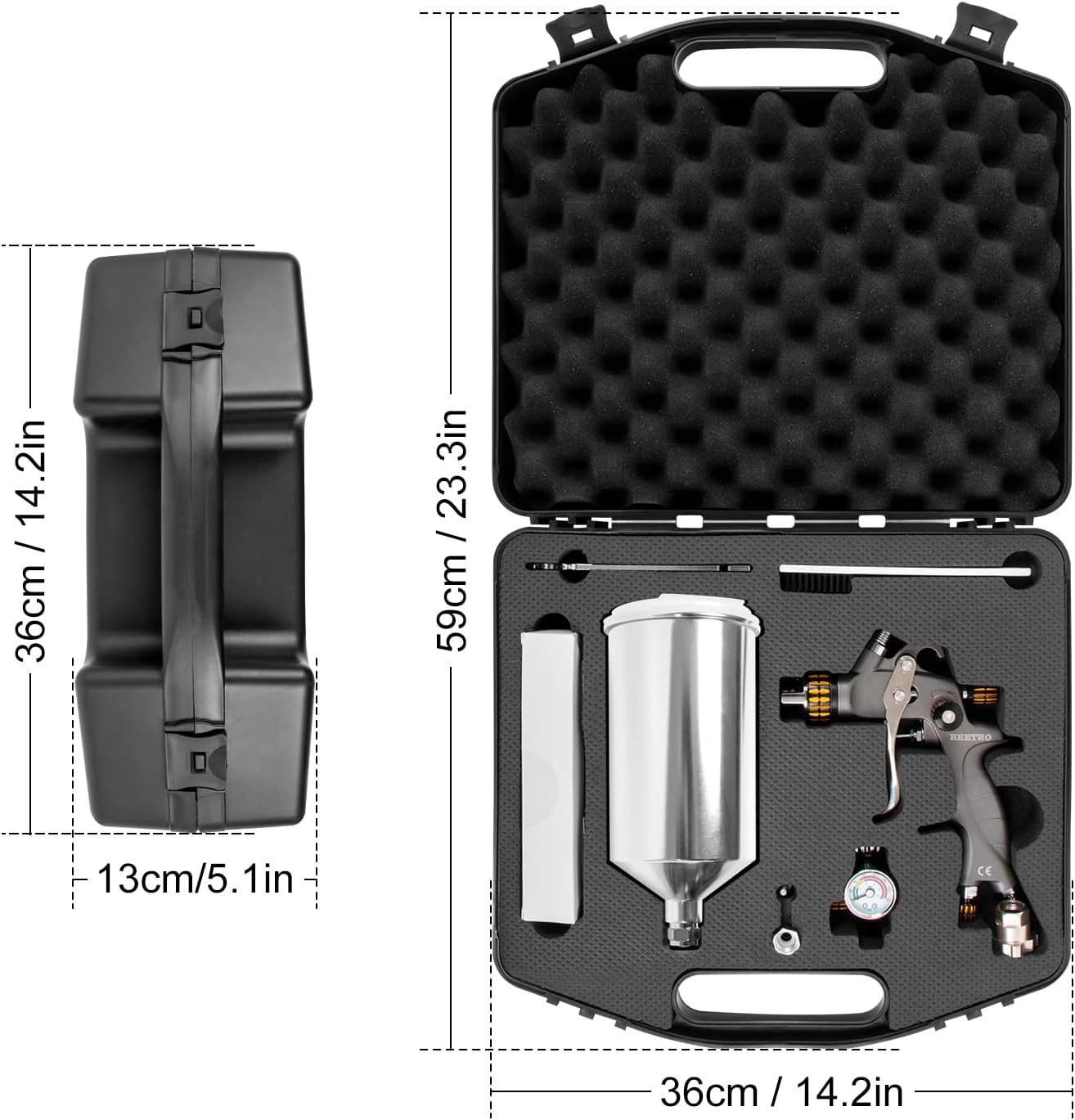 BEETRO HVLP Air Spray Gun with Storage Box, 1000ml Capacity 14.3CFM 29-32psi 1.4/1.8mm Nozzles Stainless Steel with Type 2 Adapter Professional Gravity Feed Sprayer Automotive