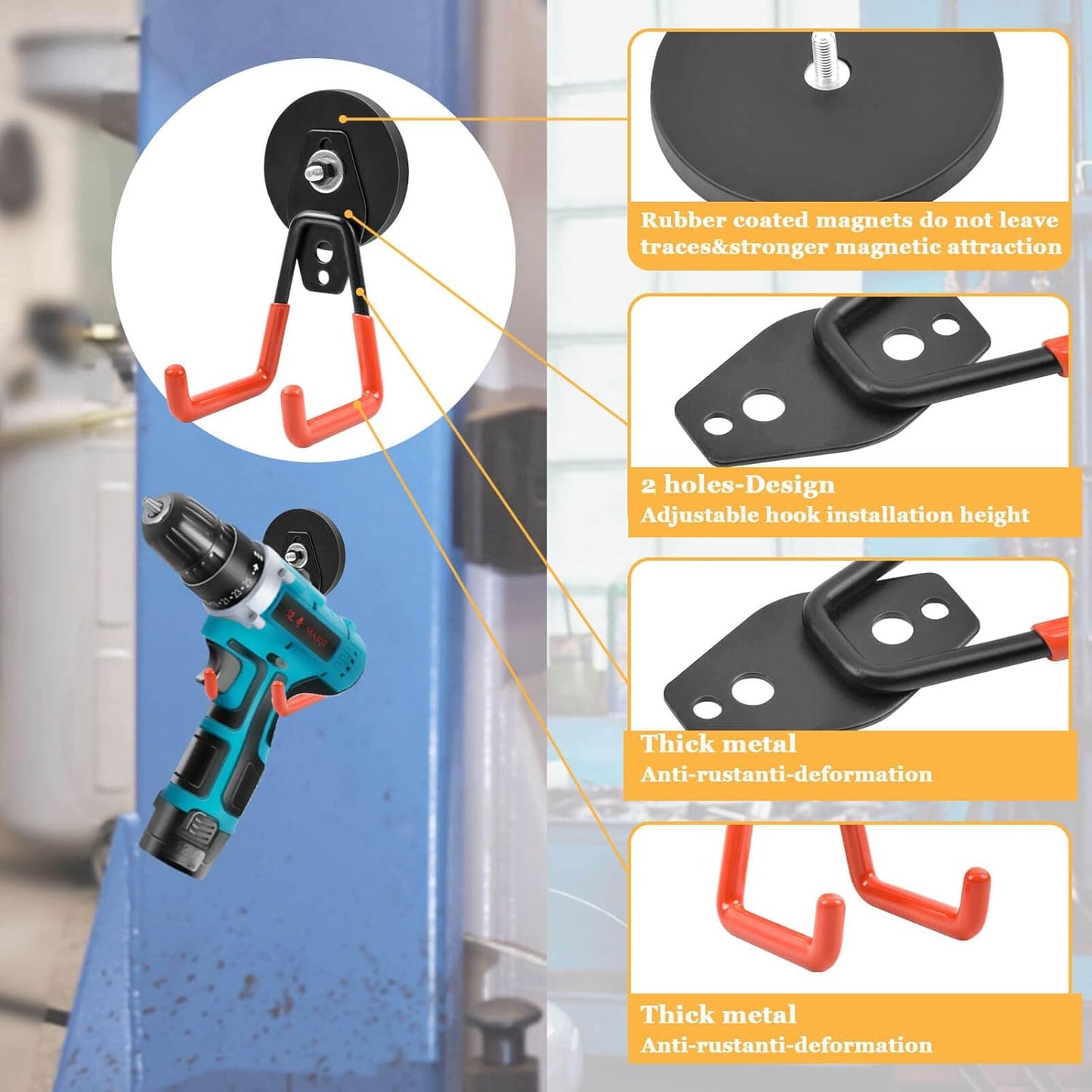 Strong Garage Magnetic Hooks, 45 lbs Pulling 3.46" Large Magnet Hooks for Hanging Heavy Duty, 2 Pack Extra Strong Magnetic Hooks with Anti-Slip Coating, for Cordless Drills, Pegboard, Cruise Cabin