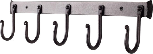 RTZEN Wall Mount Hook Set - Wrought Iron Decorative Rustic Metal Coat Hooks for Hanging - Handcrafted Classic Farmhouse Wall Mounted Black Hooks for Towel Robe or Hat Hanging - 5 Hook Rack