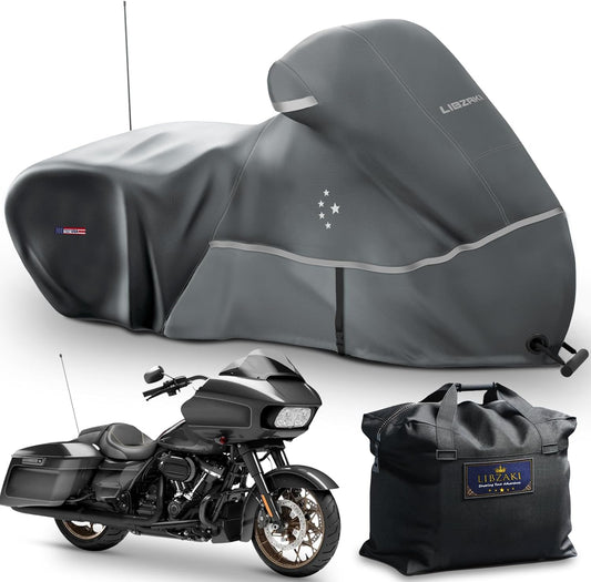 Motorcycle Cover LI LIBZAKI 600D Heavy Duty Storage for Touring Models Harley Davidson Road King,Road Glide,Street Glide, Electra Glide,Heritage Classic,Low Rider-ST,and Most Motorcycles/Gray