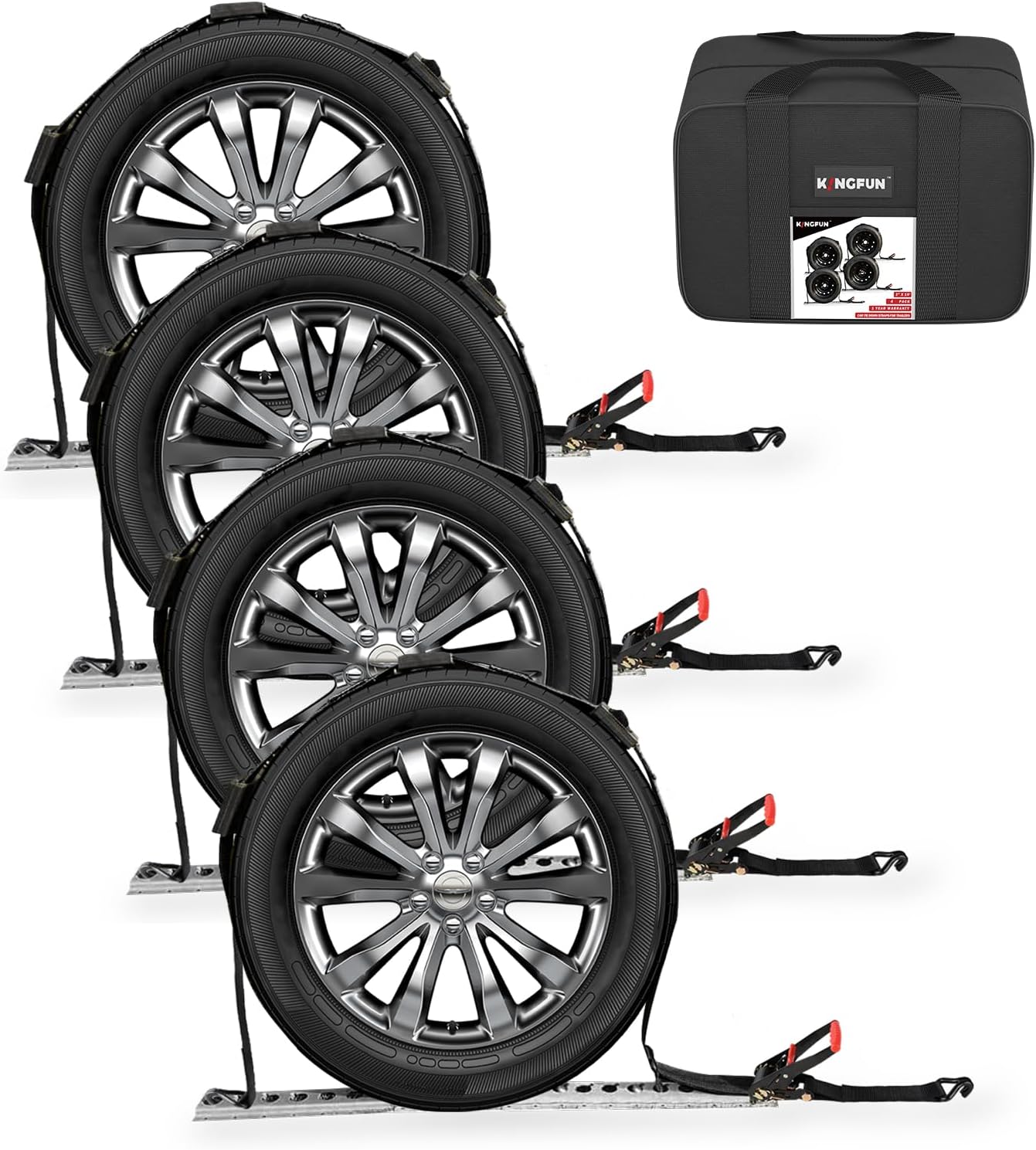 Kingfun Heavy Duty Car Tie Down Straps for Trailers 4 Pack - 2" x 120" Tire Straps with 10,000 lbs Break Strength, Secure Wheel Strap for Car Hauler, Truck, SUV, and Utility Trailers