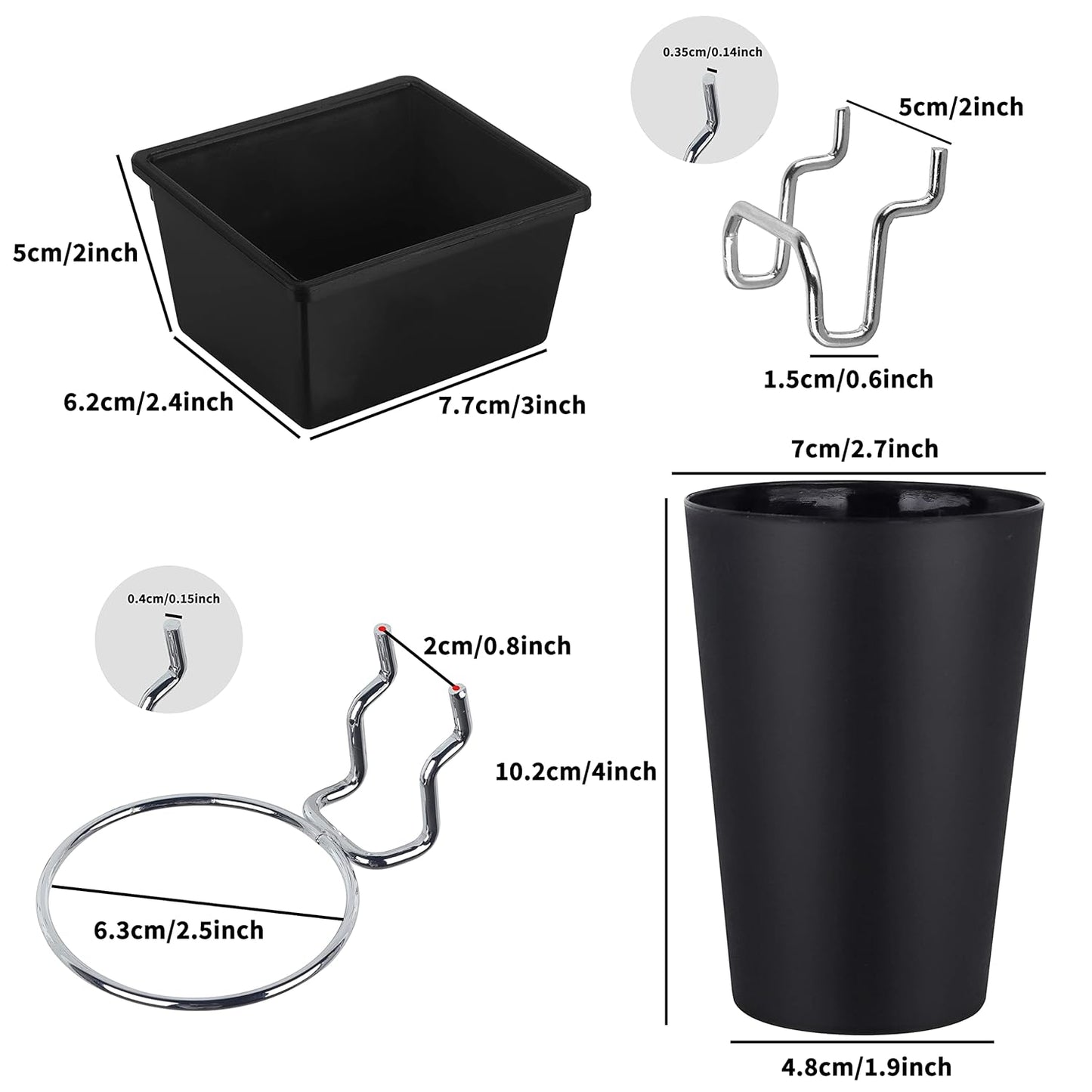 6 Sets Pegboard Bins Pegboard Cups with Hooks, Pegboard Hooks Assortment, Hooks for Pegboard Cup Holder for Organizing Accessories Tools Storage Office Workshop Garage Workbench Black