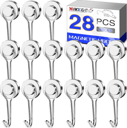 MIKEDE Magnetic Hooks, 40LBS Strong Neodymium Magnetic Hooks Heavy Duty, Swivel Swing Magnets with Hooks for Cruise, Hanging, Magnetic Refrigerator Hooks for Grill, Locker - 28 Pack