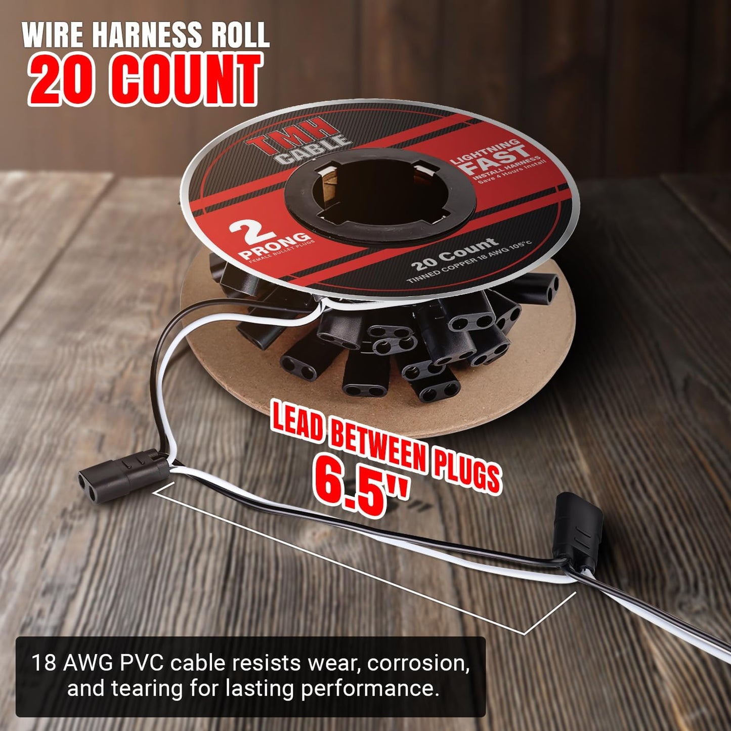 TMH 20 Count 2-Prong Wire Harness Roll Double Female Bullet Plug 18 Gauge - 6.5" Spacing for LED Marker Clearance Lights Hassle-Free Installation