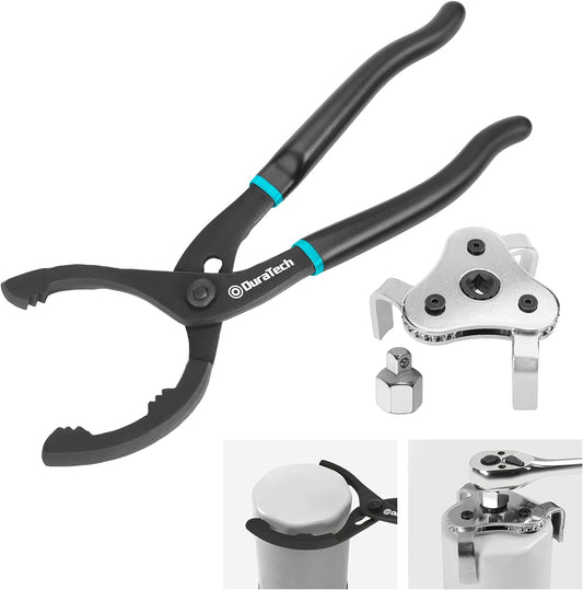 DURATECH 2-Piece 12 Inch Oil Filter Pliers & 3 Jaw Adjustable Oil Filter Removal Wrench, for Cars, Motorcycles and Trucks