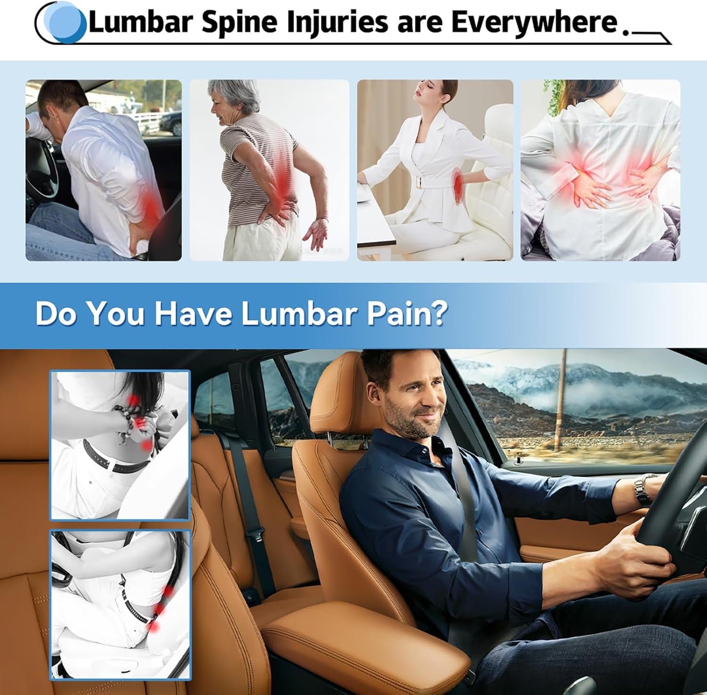 Lumbar Support Pillow for Car, 100% Memory Foam Lumbar Pillow with Breathable Removable Cover, Ergonomic Design - Back Pillow Lumbar Support Pillow for Car Seat/Back Pain Relief(Ice Silk Black, 1PC)