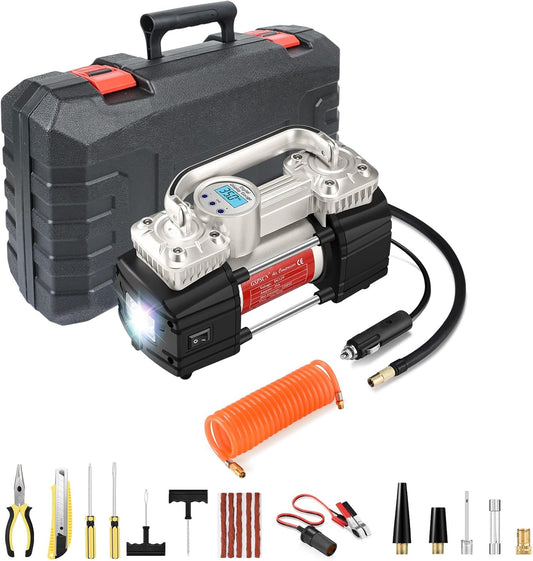 GSPSCN Digital Tire Inflator, Portable Toolbox 12V Air Compressor Pump Heavy Duty Dual Cylinders Car Pump,150Psi Auto Shut-Off with Tire Repair Kit for Auto,SUV,Truck etc