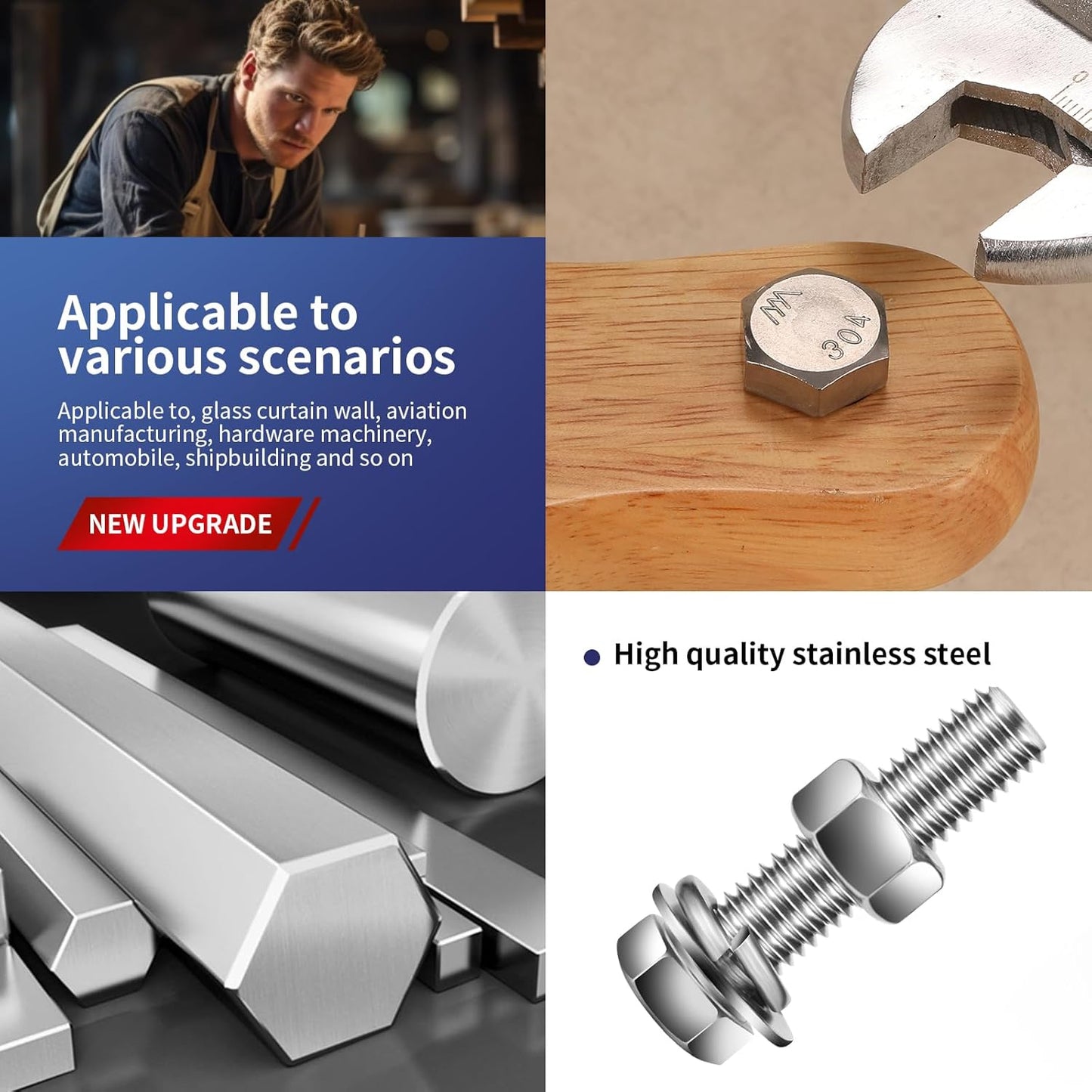 1/4-20 x 3/4" Hex Head Screw Bolt, Nuts, Flat & Lock Washers, 10Pcs 18-8 (304) Stainless Steel, Fully Threaded, by SG TZH