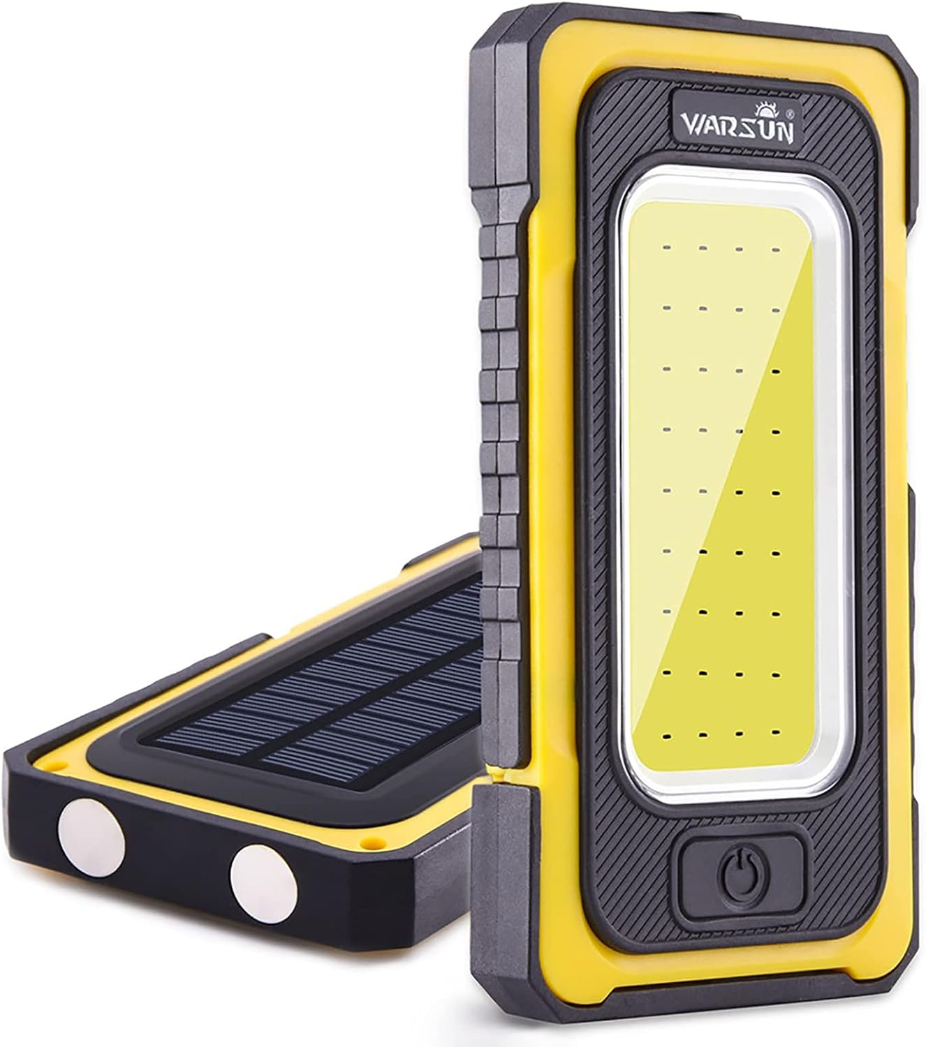 WARSUN Portable Rechargeable Magnetic Work Light, LED Flood Light Waterproof for Outdoor Camping Hiking Emergency Car Repairing (USB + Solar Charging, Yellow)