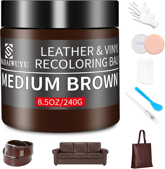 Leather Recoloring Balm,8.5oz Leather Color Restorer,Medium Brown Leather Repair kit for Furniture and Car Interior,Leather Couch Scratch Repair,Leather Dye Paint for Faded,Cracked and Damaged Leather