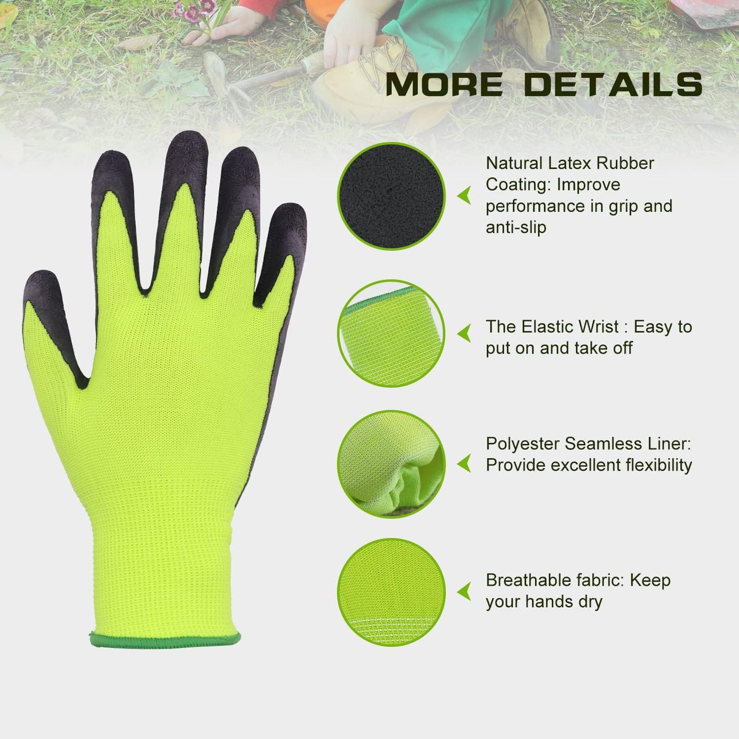 HANDLANDY 3 Pairs Kids Gardening Gloves Latex Free, Nitrile Coated Children Toddler Garden Yard Work Gloves for Little Girls Boys (Size M, Black-Green)