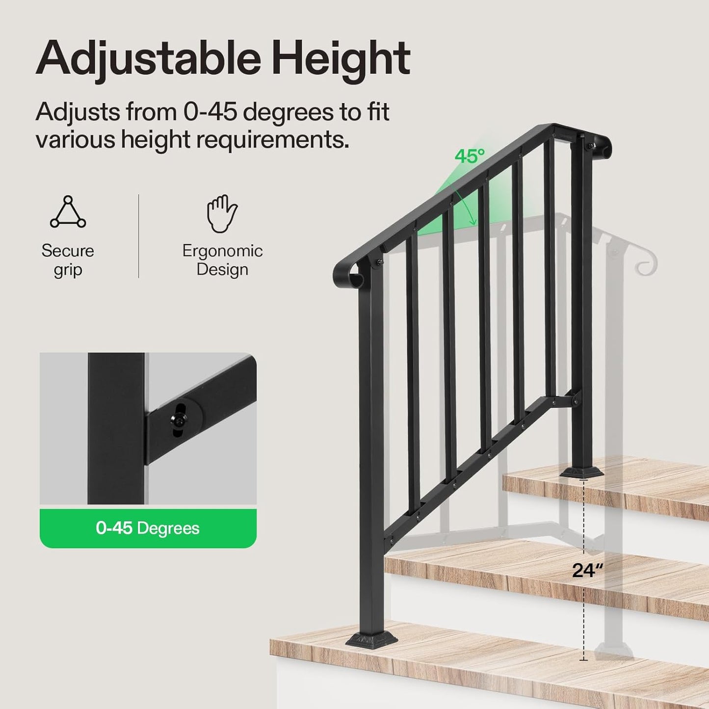 VIVOSUN Outdoor Handrail, 3 Step Stair Handrail, 40" x 36" Fits 1 to 3 Steps, Wrought Mattle Iron Stair Railing with Curved End and Balusters for Concrete Step, Porch Steps, One-Step Assembly, Black