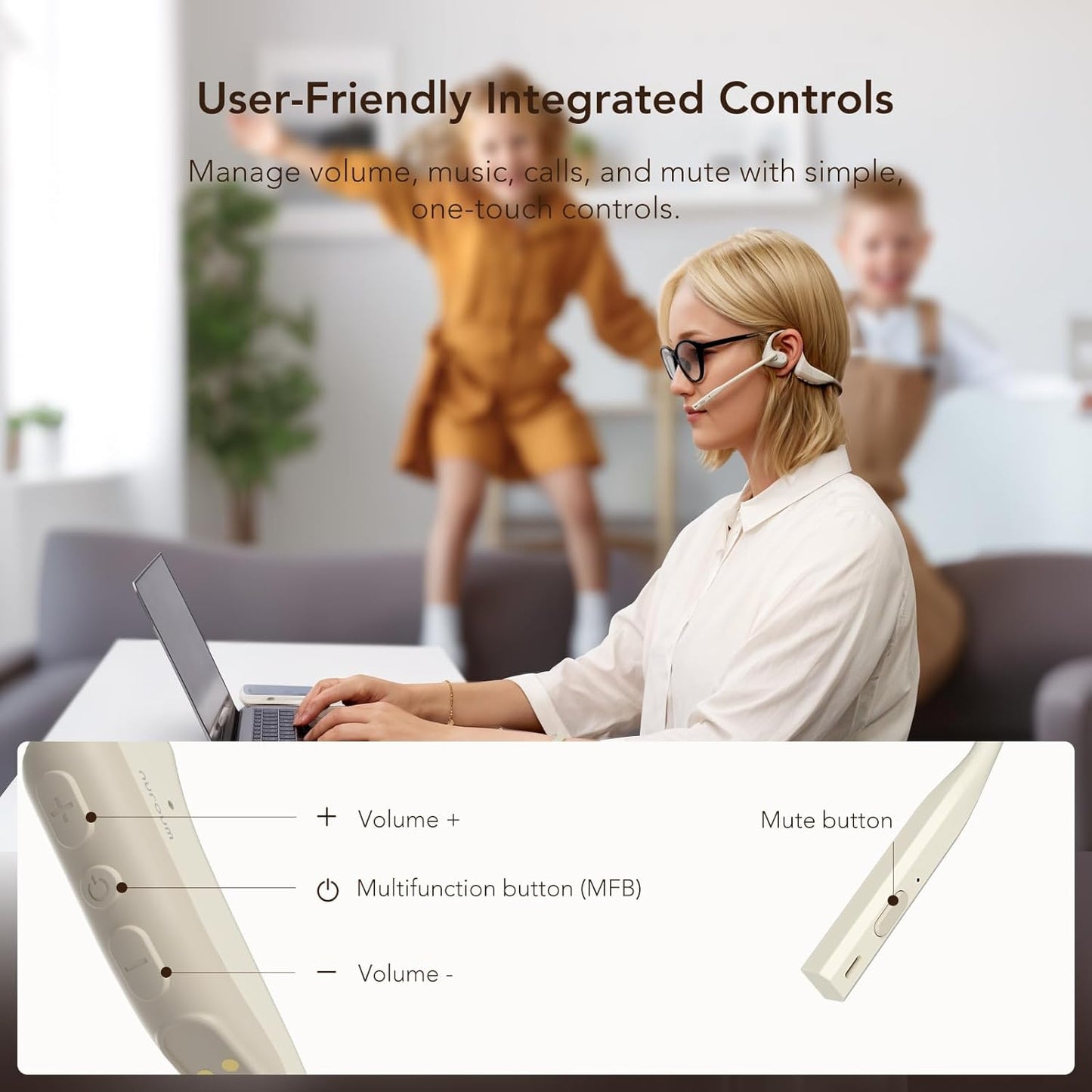 NUROUM OW20B Open Ear Sports Headphones with Mic, ENC Noise Cancelling Microphone, Bluetooth 5.3 Multi-Point Connection, Sweatproof Wireless Headset for Work, 15H Comfort for Driving, Office