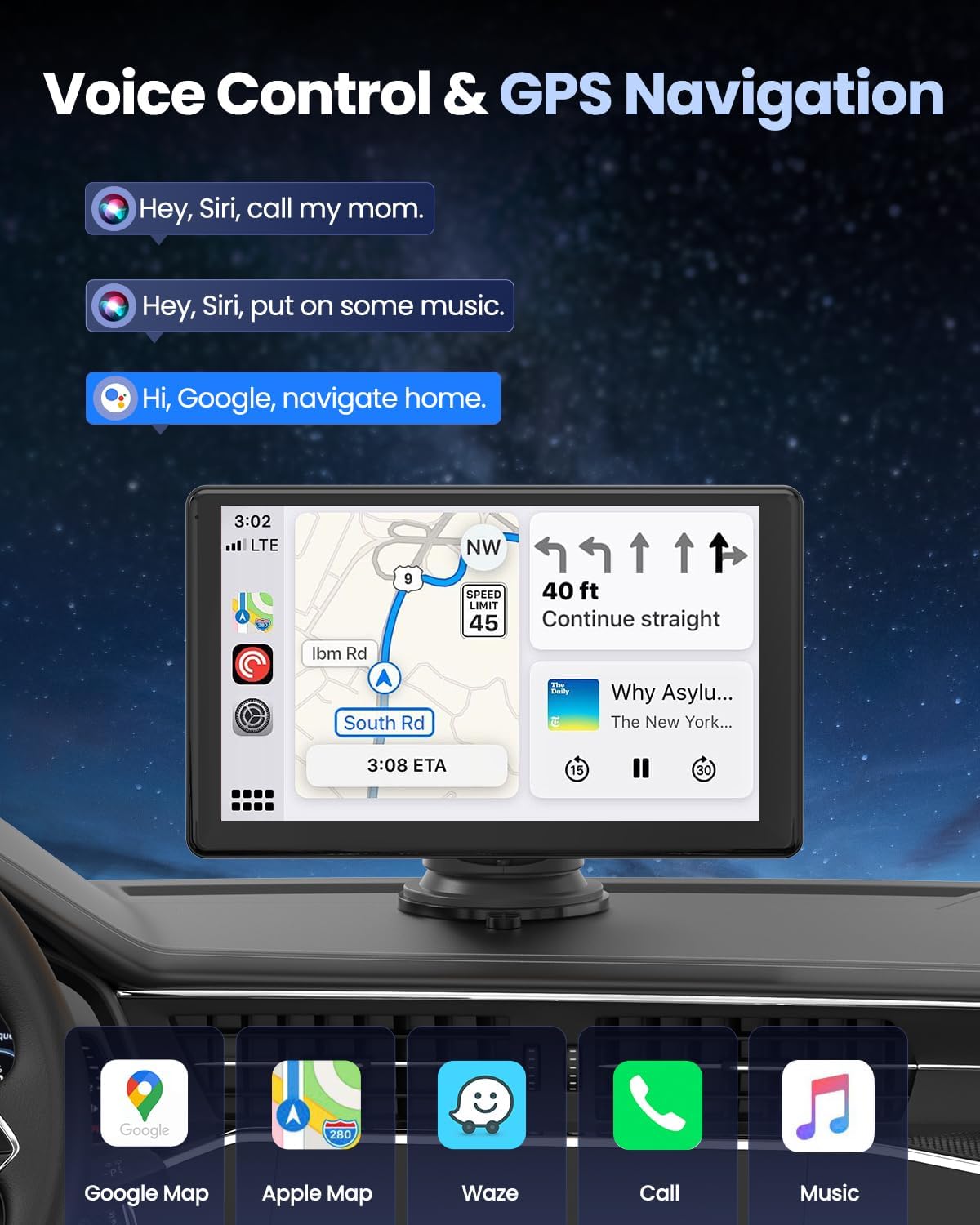 Portable Carplay Screen for Car 5K Dash Cam, 9" Wireless CarPlay & Android Auto Car Stereo, Car Audio Receivers with 1080p Backup Camera, Bluetooth/GPS Navigation/Voice Control/Mirror Link