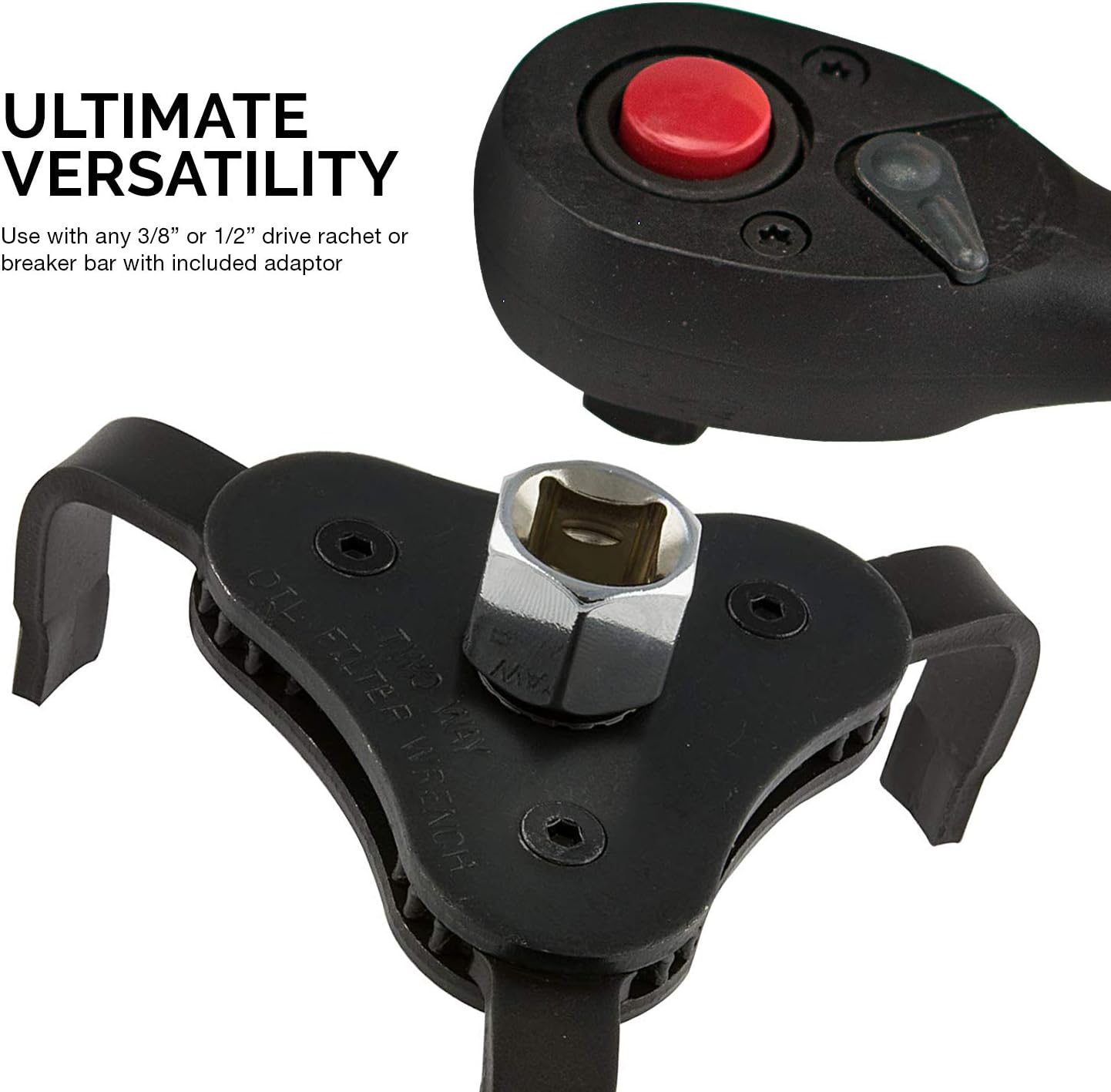 Neiko 03421A Two Way Universal Adjustable Oil Filter Wrench | 3-Jaw Design | 3/8" Square Drive Socket | Includes 1/2" Adaptor | Automotive Tool