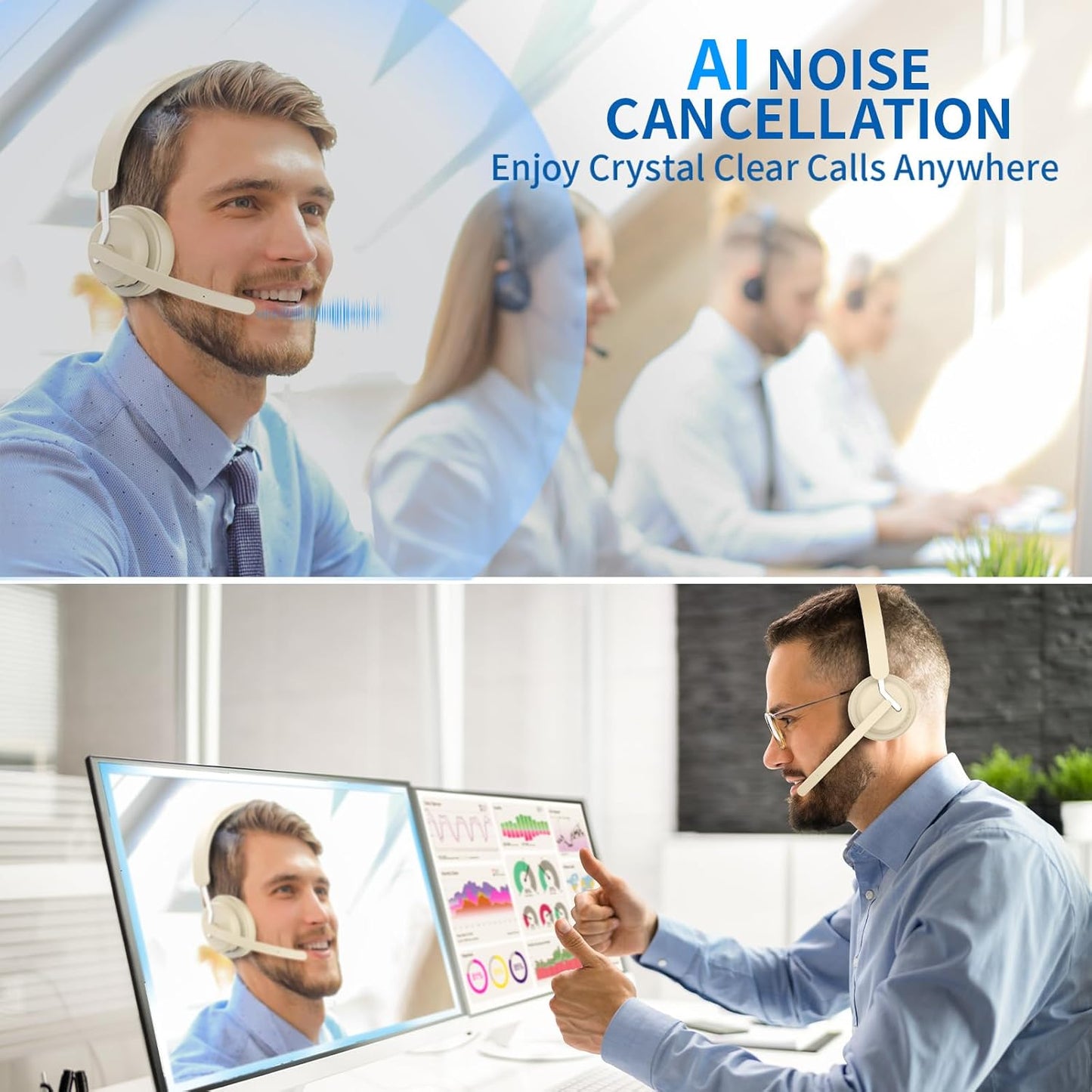 Wireless Headset with Mic, 2.4GHz Bluetooth Headset with AI Noise Cancelling Microphone & Charging Base, Wireless Headphones with USB Dongle for PC (Apricot, L)