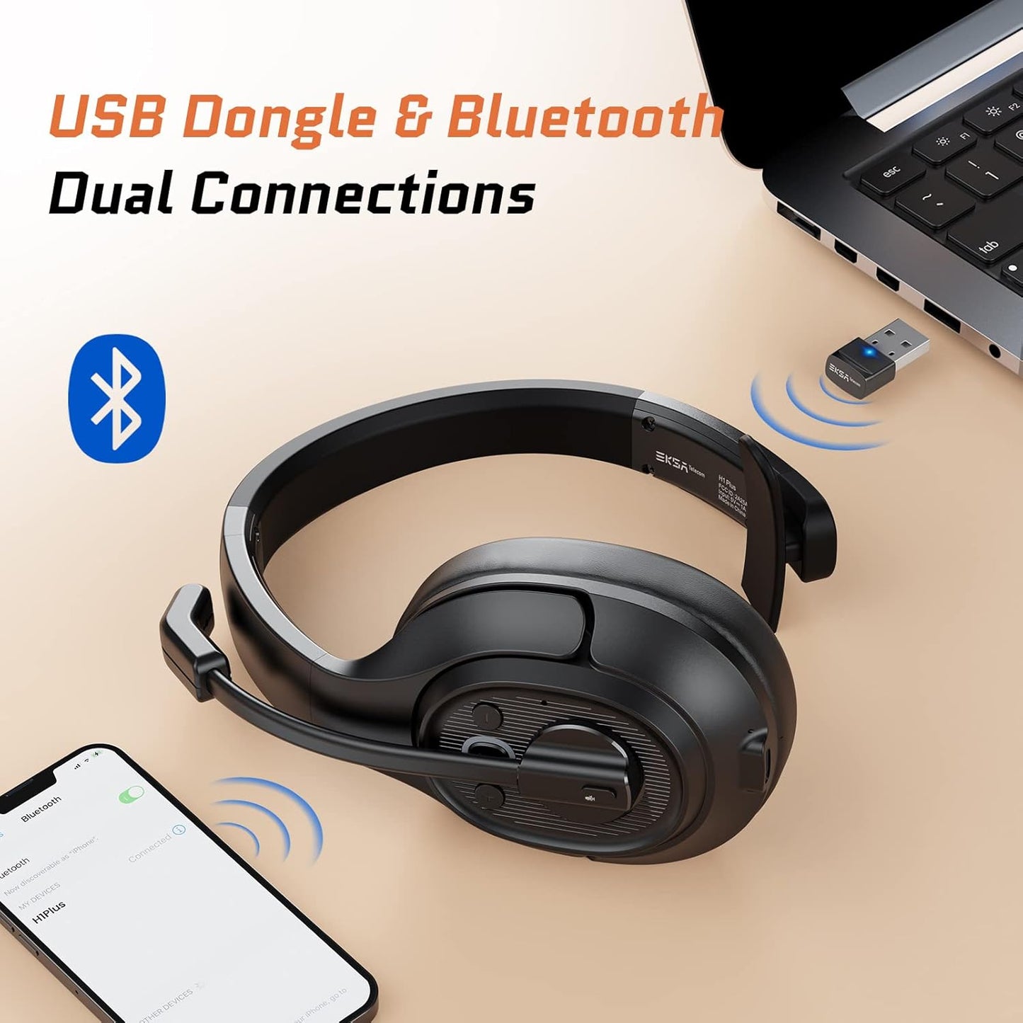 Trucker Bluetooth Headsets, Wireless Headset with AI Environmental Noise Cancelling & Mute Microphone, Up to 30H Talk Time, 164ft Wireless Range, Bluetooth Over Ear Headphones for PC, Computer, Skype