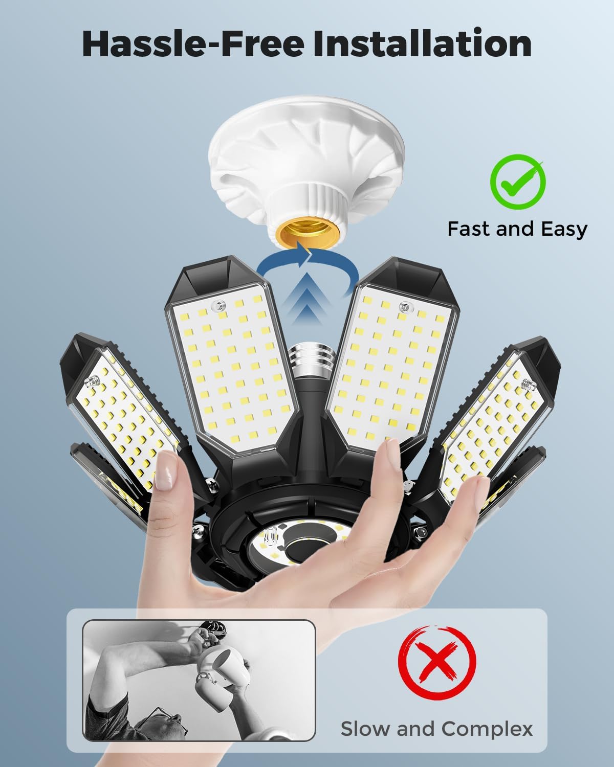 Adiding LED Garage Ceiling Lights 2 Pack w/ 8+1 Adjustable Panel, Super Bright 28000LM Deformable Basement Light Bulb Fixture Screw in E26 Socket Base for Indoor Workshop Attic Gym Bay Laundry Utility