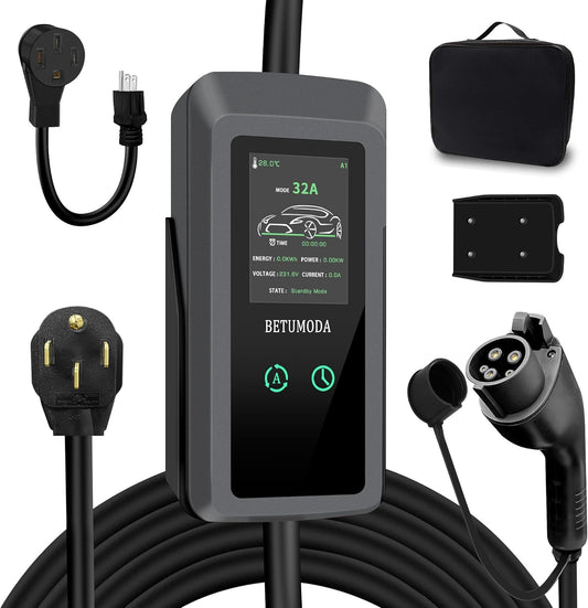 Level 2 EV Charger, 32 Amp, Portable Charger for Home and J1772, 25ft Cable, 240V, Charging Stations with LED Display, NEMA14-50 Plug, Current Adjustable.(Tesla Need Adapter)
