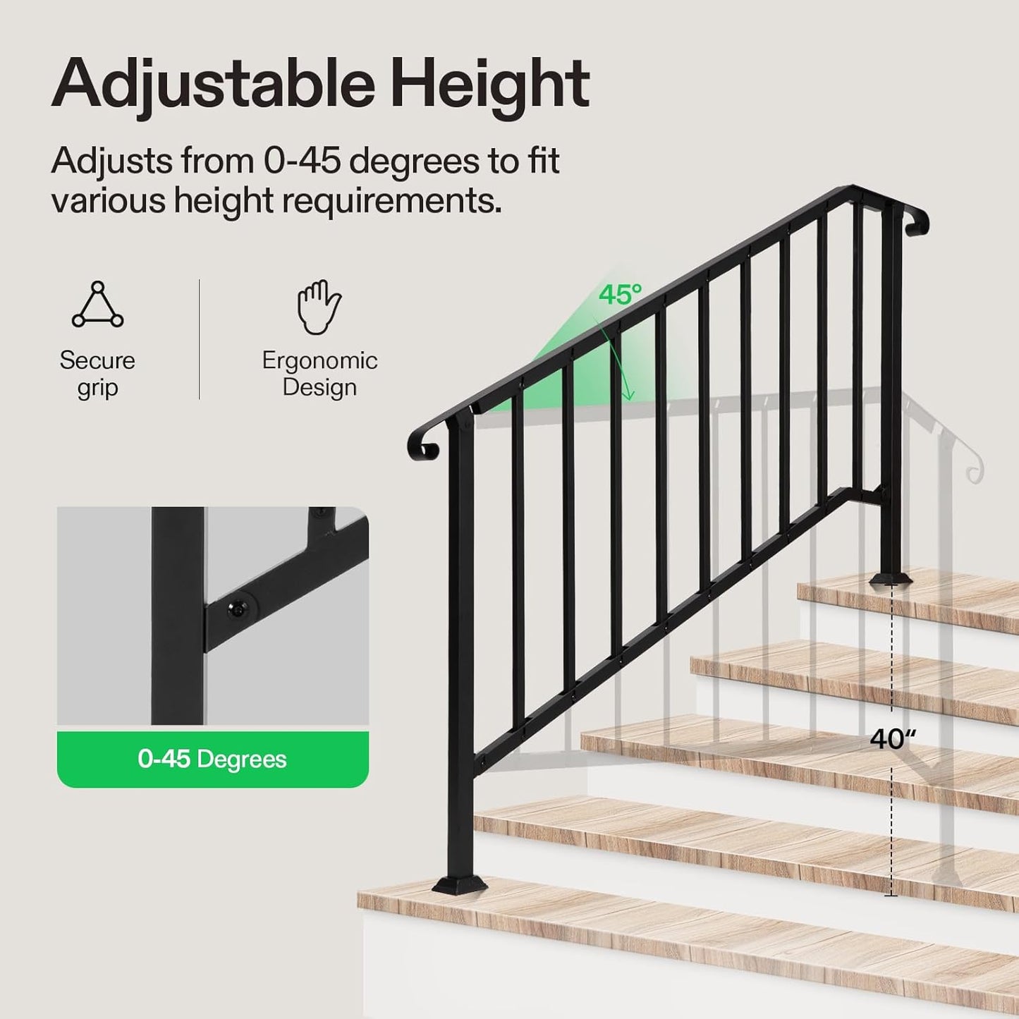 VIVOSUN Outdoor Handrail, 5 Step Stair Handrail, 69" x 36" Fits 1 to 5 Steps, Wrought Mattle Iron Stair Railing with Curved End and Balusters for Concrete Step, Porch Steps, One-Step Assembly, Black
