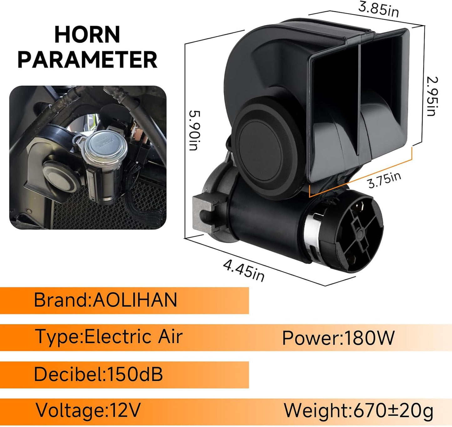 Air Horn for Truck,Super High Pitched Train Horn for Car, Waterproof Snail Horn for Motorcycles, Cars, trucks, trains and ships(black horn with wire, 12v)