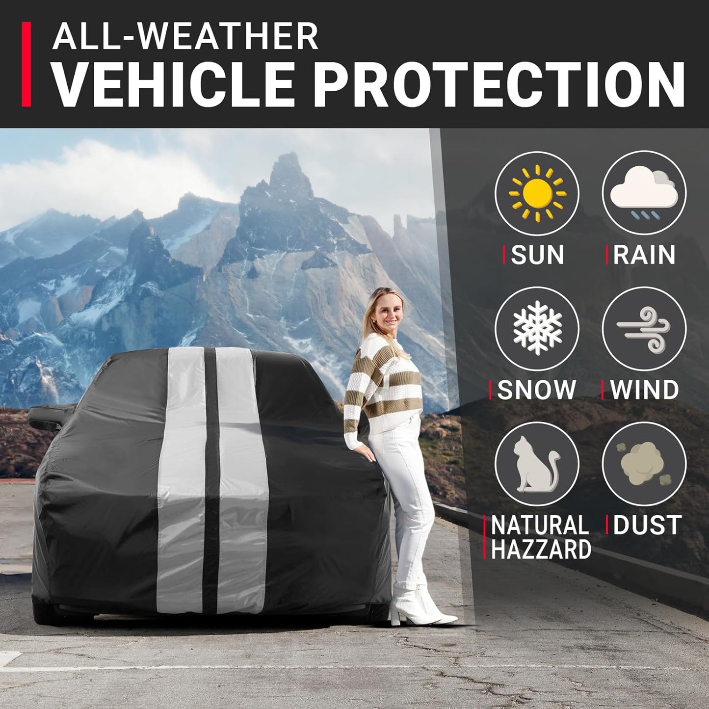 iCarCover Custom Car Cover for Chevy Malibu (1997-2025) Waterproof All Weather Rain Snow UV Sun Protector Full Exterior Indoor Outdoor Car Cover (Stripe - Black/Gray)