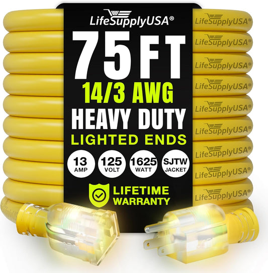 75ft Outdoor/Indoor Extension Cord 14/3 Gauge Heavy Duty 3 Prong SJTW, Waterproof, Flexible Cold-Resistant Long Power Cord,13A 125V 1625W, Yellow by LifeSupplyUSA