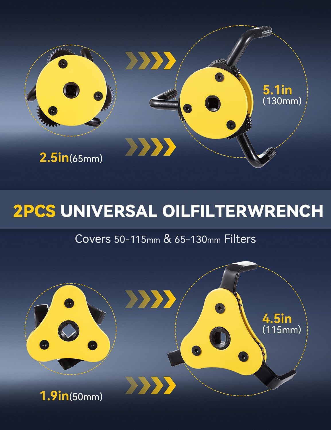 Oil Filter Wrench Set - Professional 2-Piece oil filter removal tool Kit for Cars, Trucks & Motorcycles, 3/8" & 1/2" Drive, Fits 1.9"-5.1" Filters