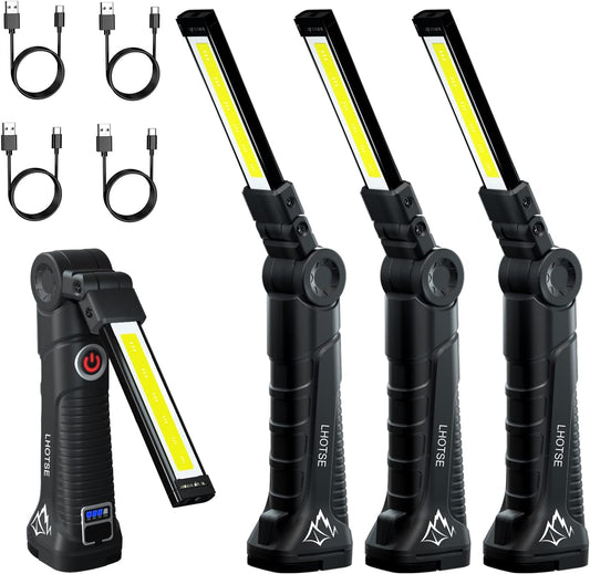 Tool Gifts for Men Dad LED Work Light, 4 Pack Rechargeable Flashlight with Magnetic Base & Hook, Battery Display, 360° Rotation, 5 Modes Folding Work Light for Mechanics, Garage, Repairing