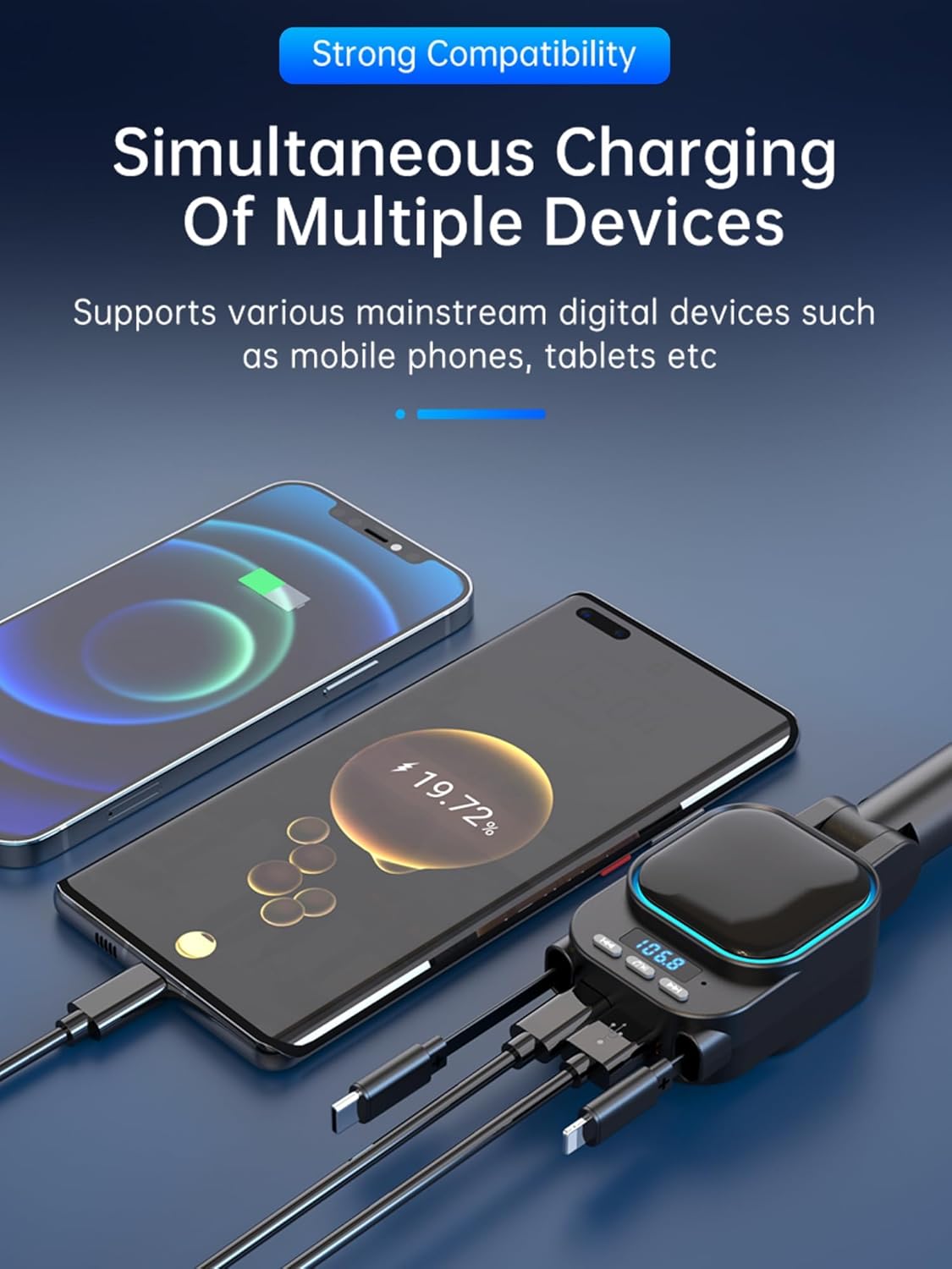 Retractable Car Charger 96W with Bluetooth Car Adapter, 4 in 1 Fast Charging, Radio Bluetooth 5.3 FM Transmitter, Handsfree Calling, USB C Phone car Charger Adapter for iPhone 16 15 14 13 12