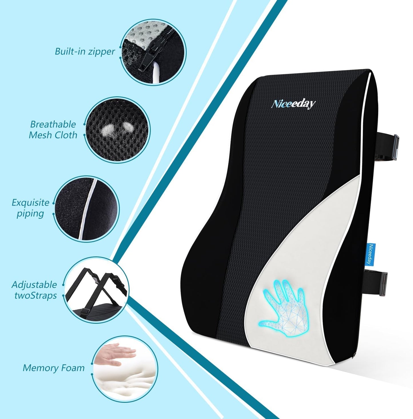 Lumbar Support Pillow for Office Chair Car Back Support Pillow, Memory Foam Gaming Chair Desk Chair Back Cushion for Lower Back Pain Relief, Ergonomic Back Rest with Double Adjustable Straps