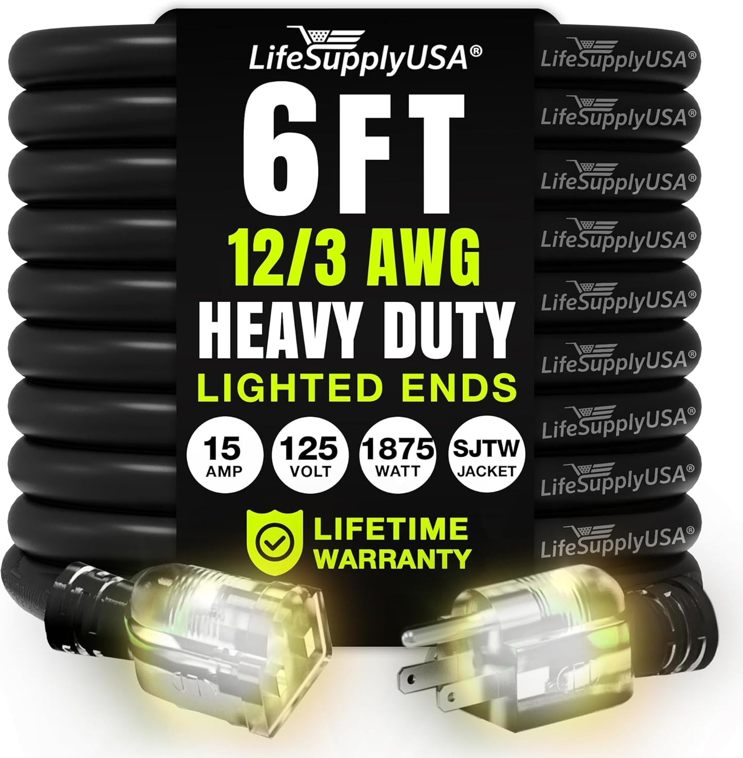 6ft Outdoor/Indoor Extension Cord 12/3 Gauge Extra Heavy Duty 3 Prong SJTW, Waterproof, Flexible Cold-Resistant Long Power Cord,15A 125V 1875W, Black by LifeSupplyUSA