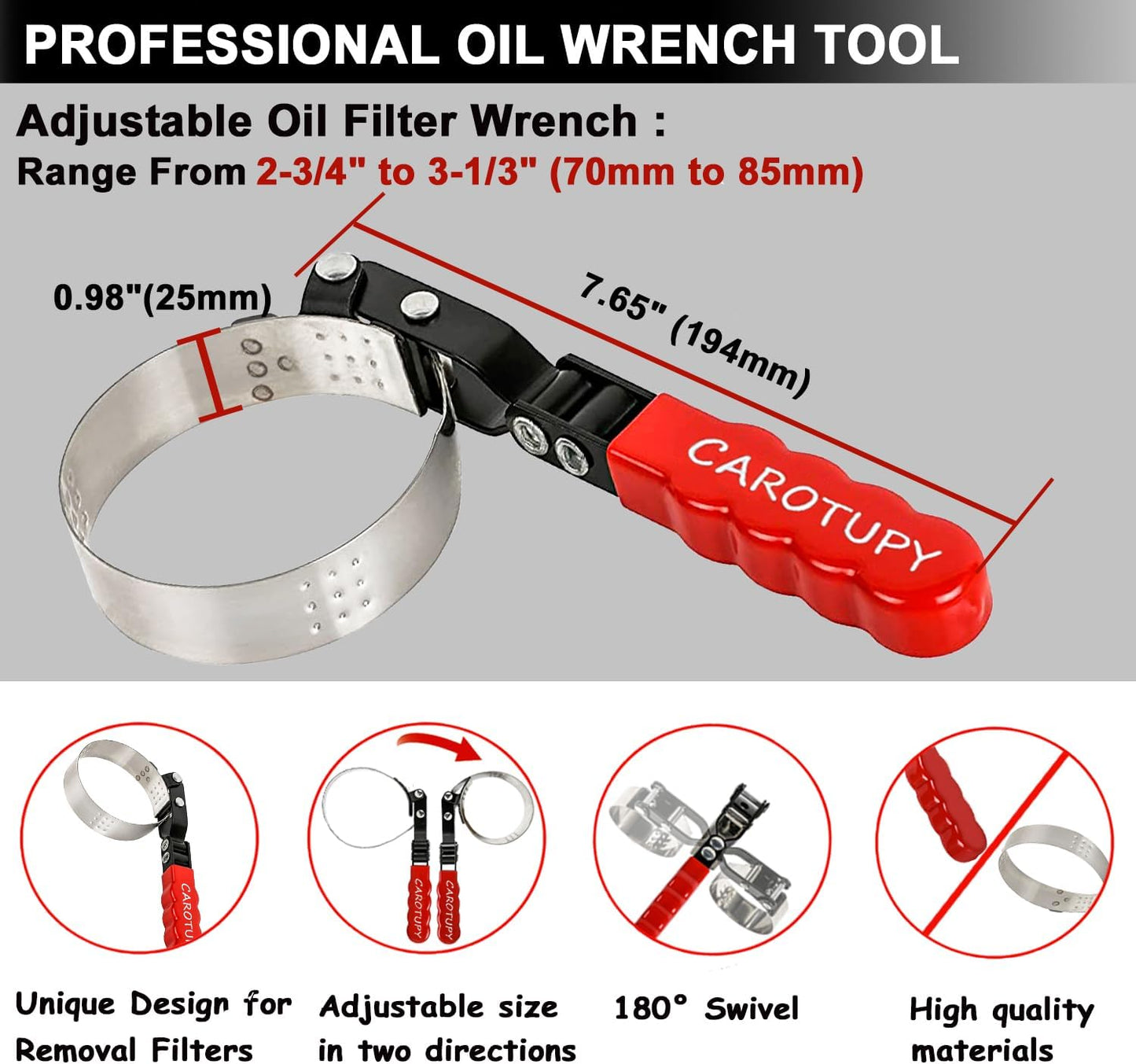 Small Swivel Oil Filter Wrench, Oil Filter Removal Tool, Adjustable Filter Wrench Fits Filter from 2-3/4" to 3-1/3" for Cars, Motorcycles and Lawn-mower