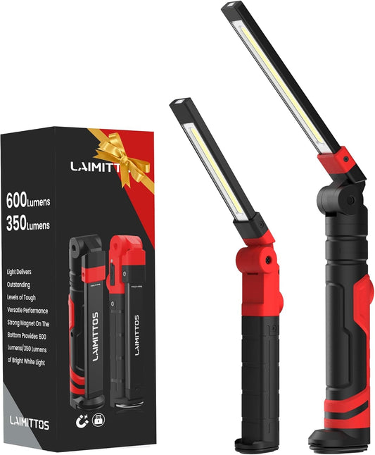 Rechargeable LED Work Light, Magnetic Flashlight Mechanic Light Tool Gifts for Men Him, Foldable Lamp with Hook for Car Repair Emergency BBQ Grill (2 Pack)