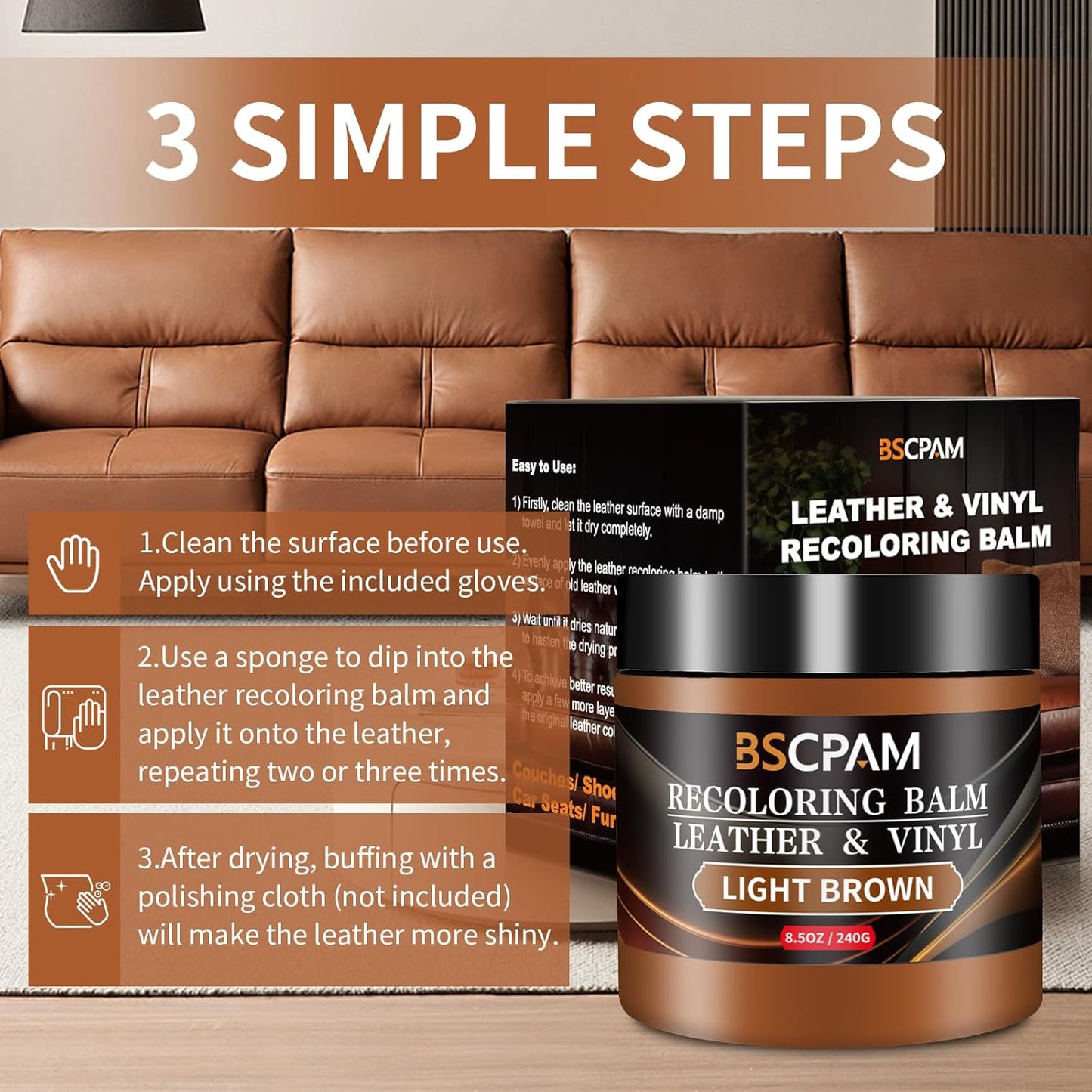 Light Brown Leather Recoloring Balm,Leather Couch Scratch/Stain Remover,Leather Repair kit for Vinyl Furniture and Car Interior,Leather Dye Paint for Scratched and Faded Leather Couches