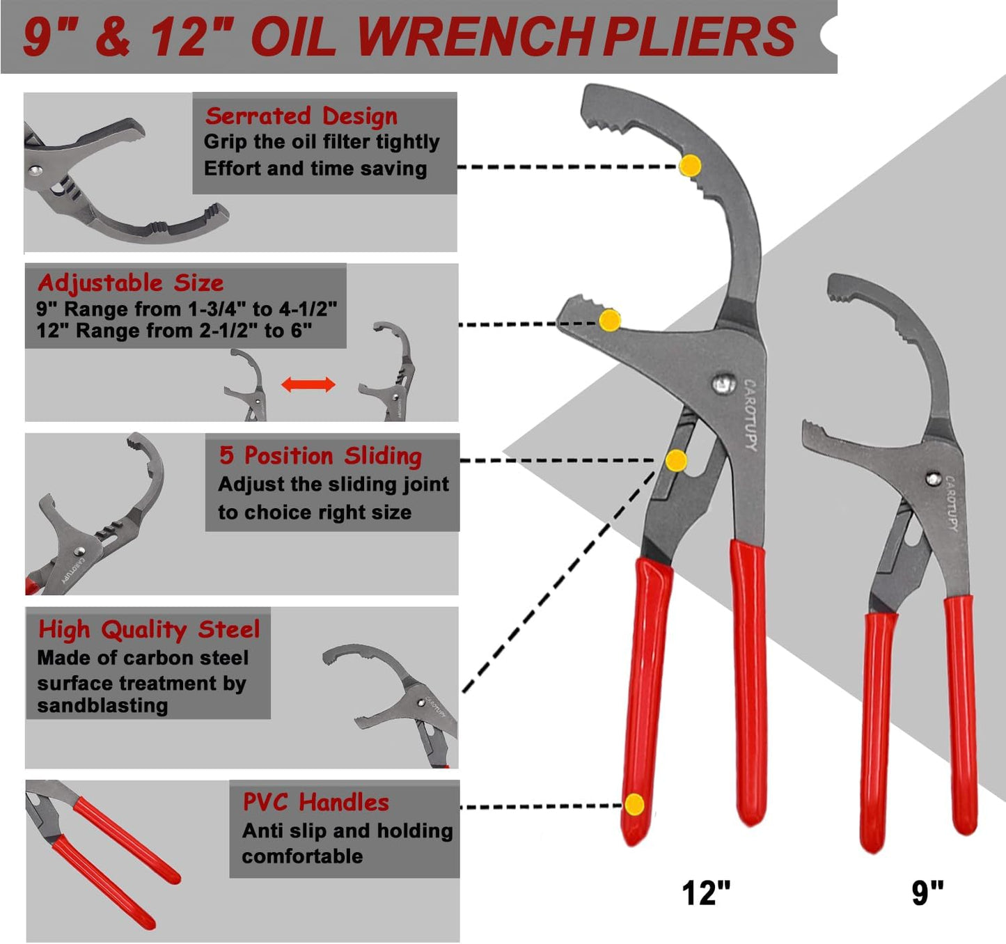 4Pcs Oil Filter Pliers Set, 3 Jaw Oil Filter Wrench With Oil Snap Funnel, 9" and 12" Oil Filter Pliers Adjustable From 1-3/4"-6"