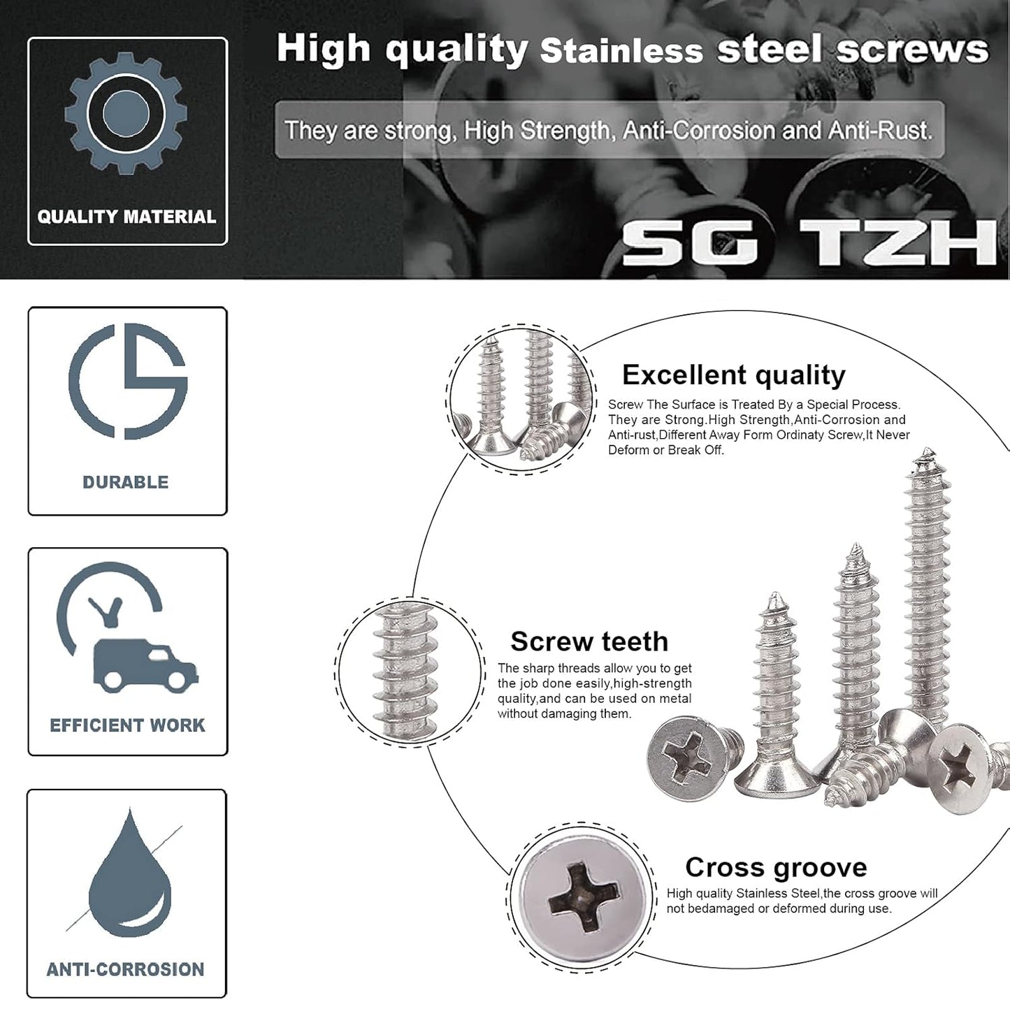 #8 x 1-3/4" Wood Screw 100Pcs 18-8 (304) Stainless Steel Screws Flat Head Phillips Fast Self Tapping Drywall Screws by SG TZH