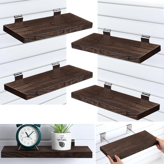 4 Pack Wooden Slatwall Shelf, 16.1" D x 6.7" W x 1.1" H Slatwall Shelves with Metal Hooks Organizer Set Mounted Accessories for Garage Home Workshop Workbench (Brown)