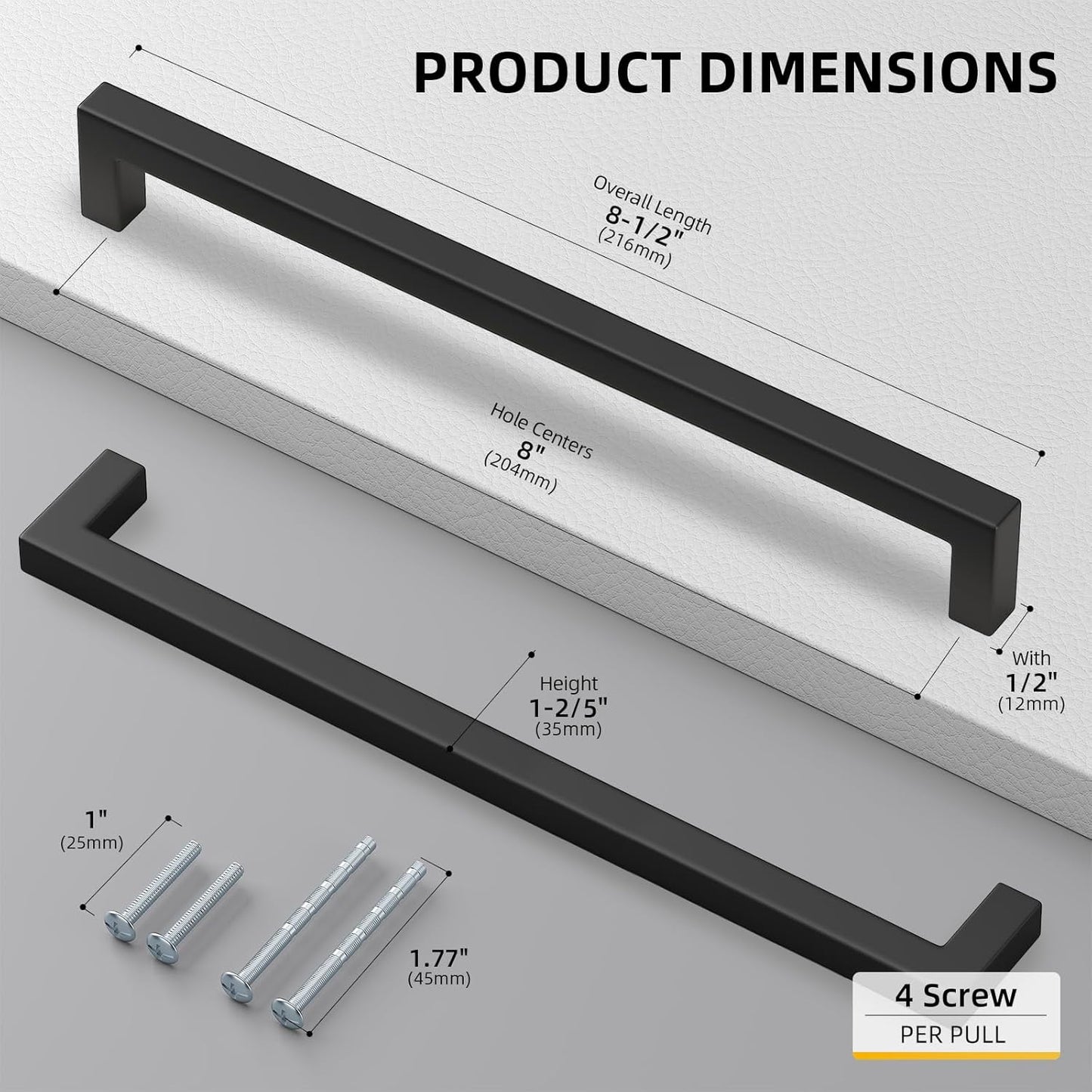 goldenwarm 200Pack 8INCH Matte Black Cabinet Pulls Kitchen Hardware, 204mm Square Bar Pulls for Cabinets Hardware, Black Drawer Pulls 8-1/2in Overall Length