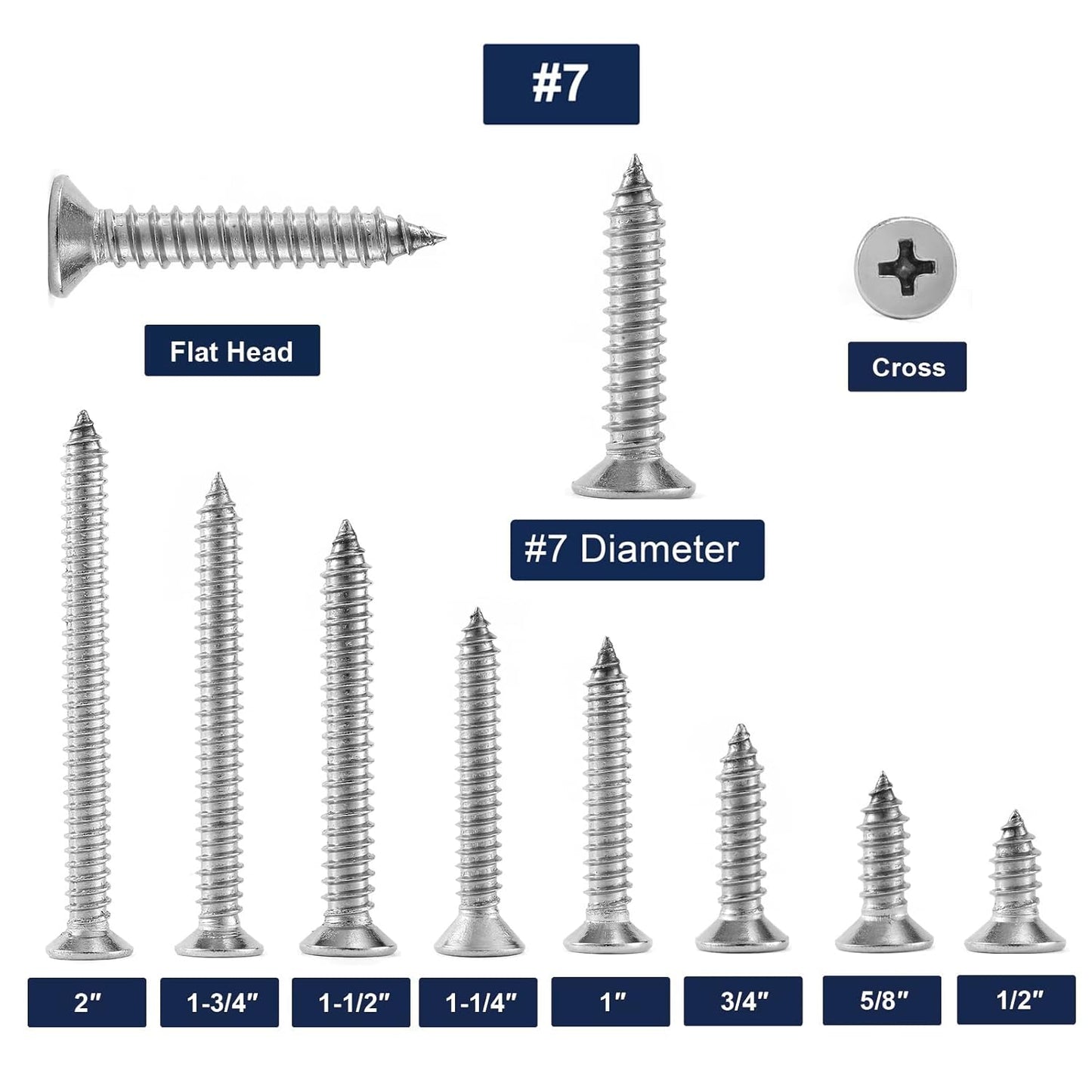 #7 x 3/4" Wood Screw 100Pcs 18-8 (304) Stainless Steel Screws Flat Head Phillips Fast Self Tapping Drywall Screws by SG TZH