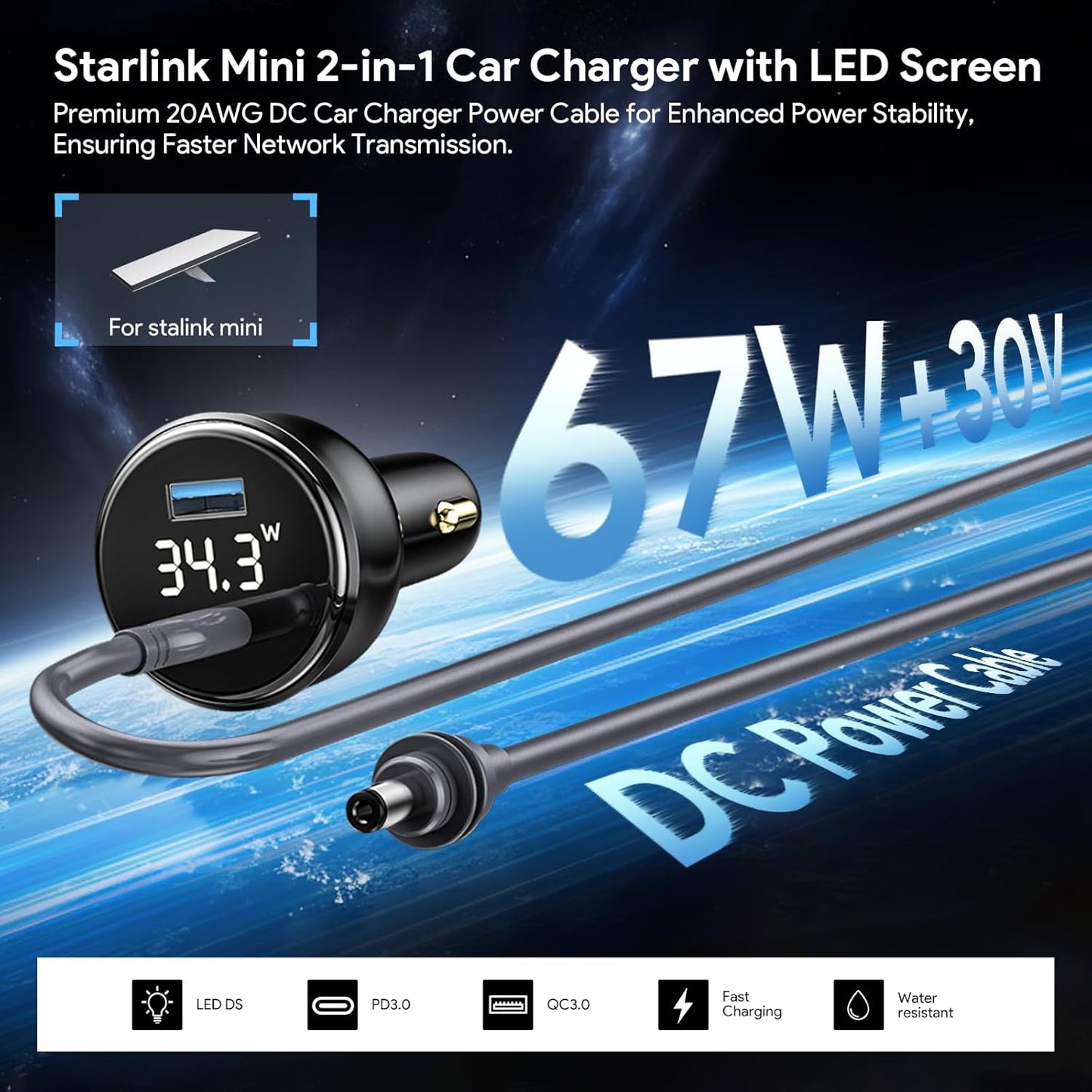 QUIDDITY Starlink Mini Car Adapter DC Power Cable + Cigarette Lighter Adapter 12V-24V with Digital Display, Water-Resistent Car Charging Cord with USB Type-C Port Starlink Mini Accessories(2M/6.5FT)