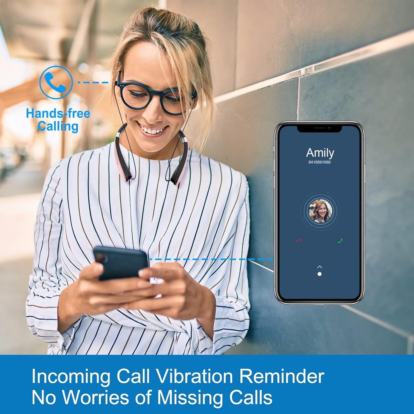 AMORNO Foldable Bluetooth Headphones Wireless Neckband Headset with Retractable Earbuds, Sports Sweatproof Noise Cancelling Stereo Earphones with Mic …