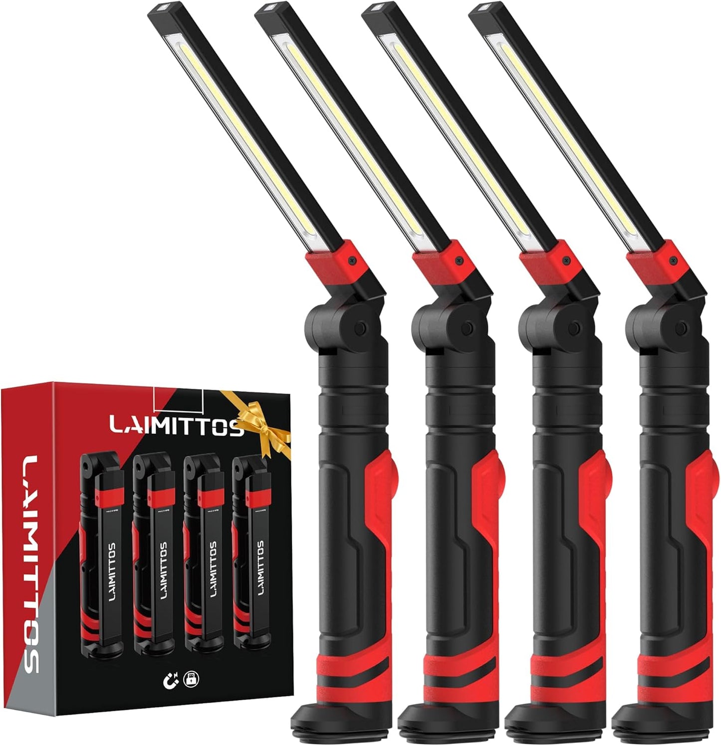 Rechargeable Work Light 2500mAh Magnetic LED Work Light Flashlight Mechanic Light Tool Gifts for Men Him, Foldable Lamp with Hook for Car Repair Emergency BBQ Grill (4 Pack)