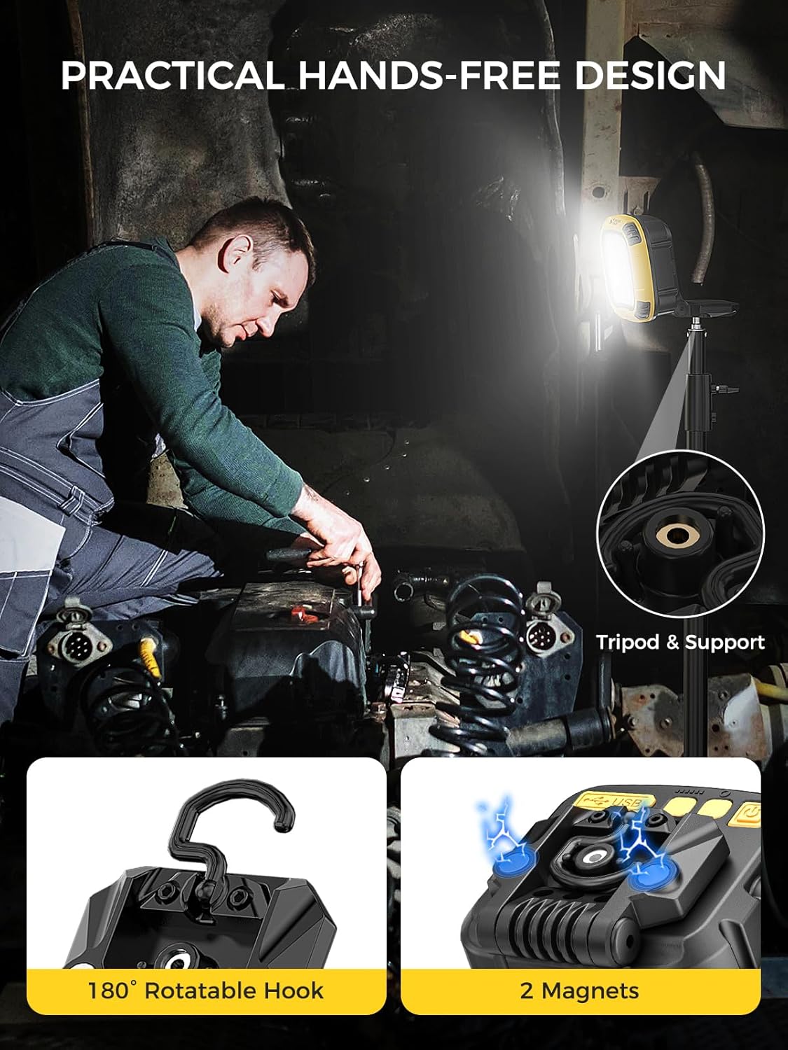 Smiling Shark Working Light, LED Work Light 4000 Lumen 18 Light Mode USB Rechargeable Portable Magnetic Waterproof Drop Resistant Cordless Worklight Job Site Lighting for Garage Repair Camping Outdoor