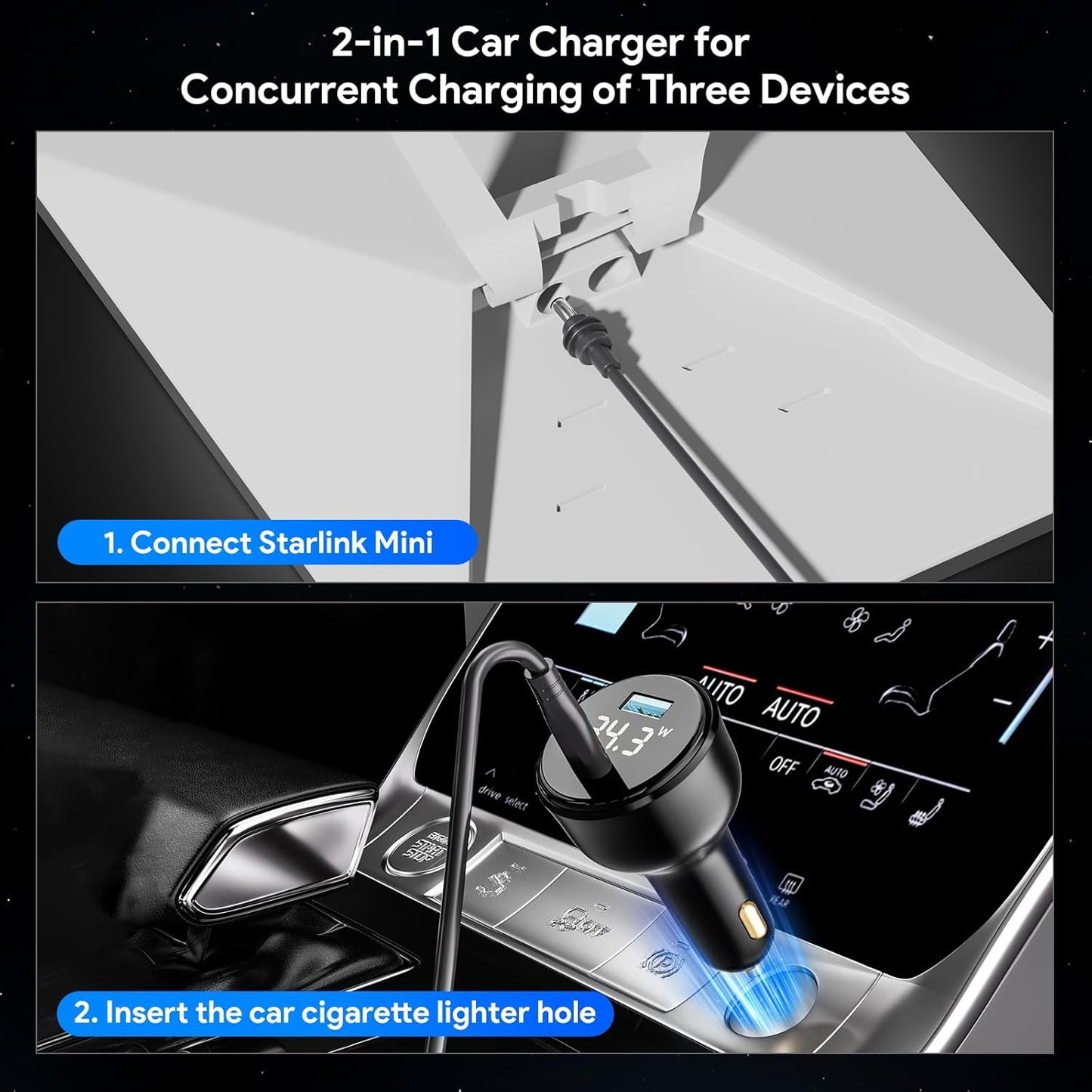 EDUP Starlink Mini Car Adapter DC Power Cable & Starlink Cigarette Lighter Adapter with Digital Display, Waterproof Car Charging Cable,USB A 35W & USB C 65W Ports for Star Link Mini (5M/ 16.4FT)