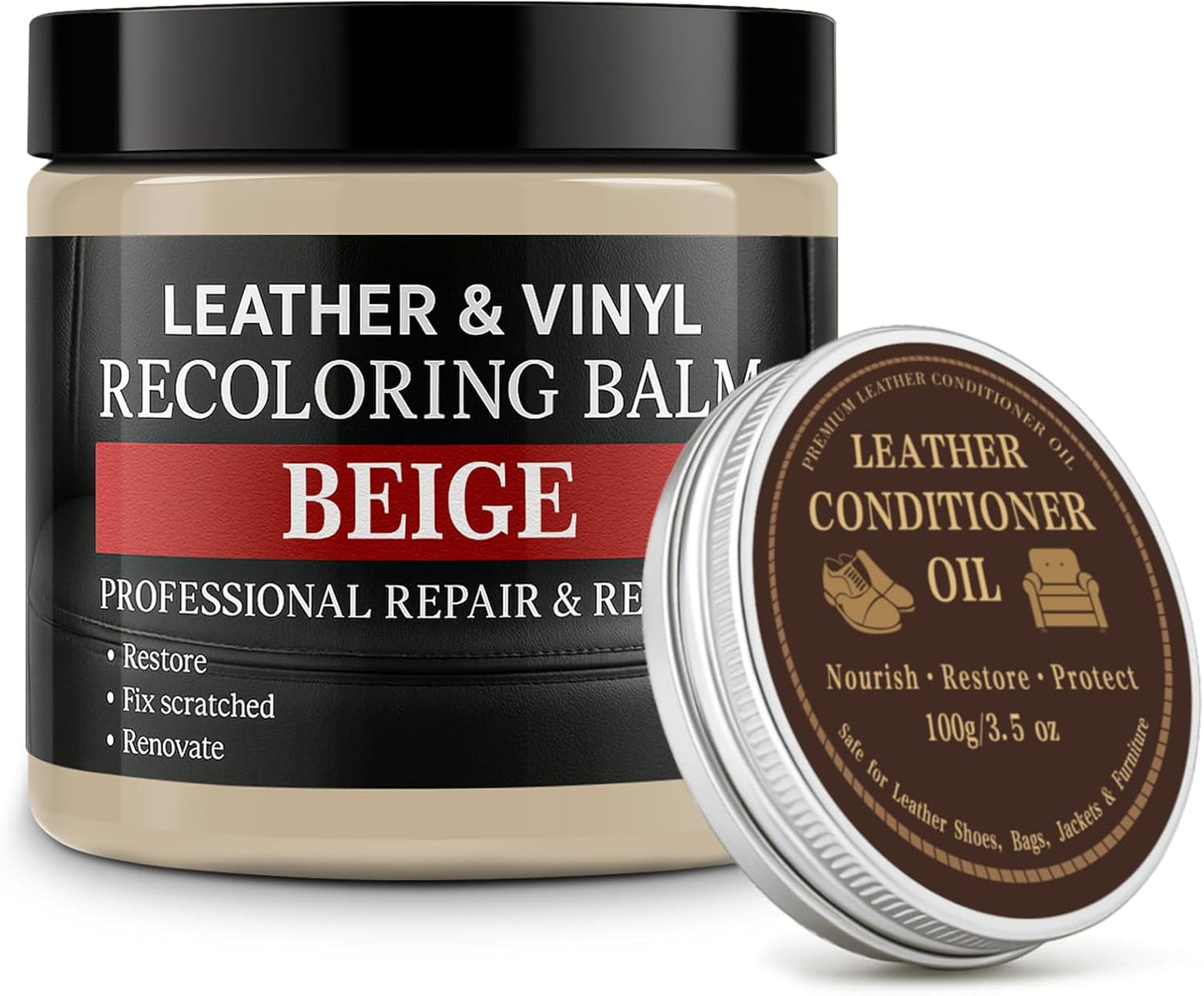Leather Color Restorer, Leather Recoloring Balm, Scratch Remover, Leather Dye, Leather Paint with Leather Conditioner, Leather Repair Kit for Furniture Couches Car Seats Shoes, Beige