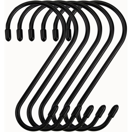 Nisoger 6 Pack 6 Inch S Hook, Large Vinyl Coated S Hooks with Rubber Stopper Non Slip Heavy Duty S Hook, Steel Metal Black Rubber Coated Closet S Hooks